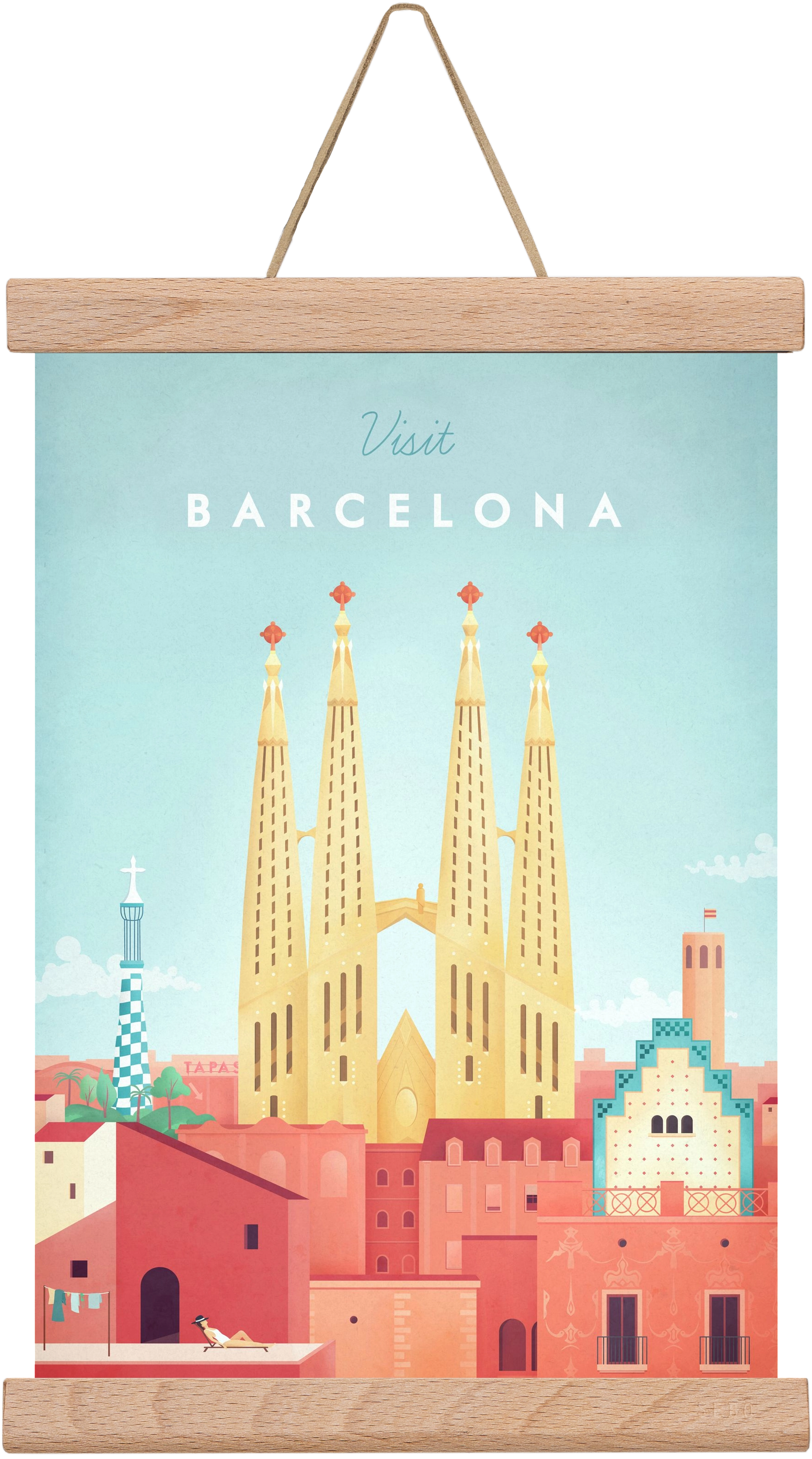 Barcelona Travel Poster, 20x30 cm (20x30 cm), Tölgy akasztó