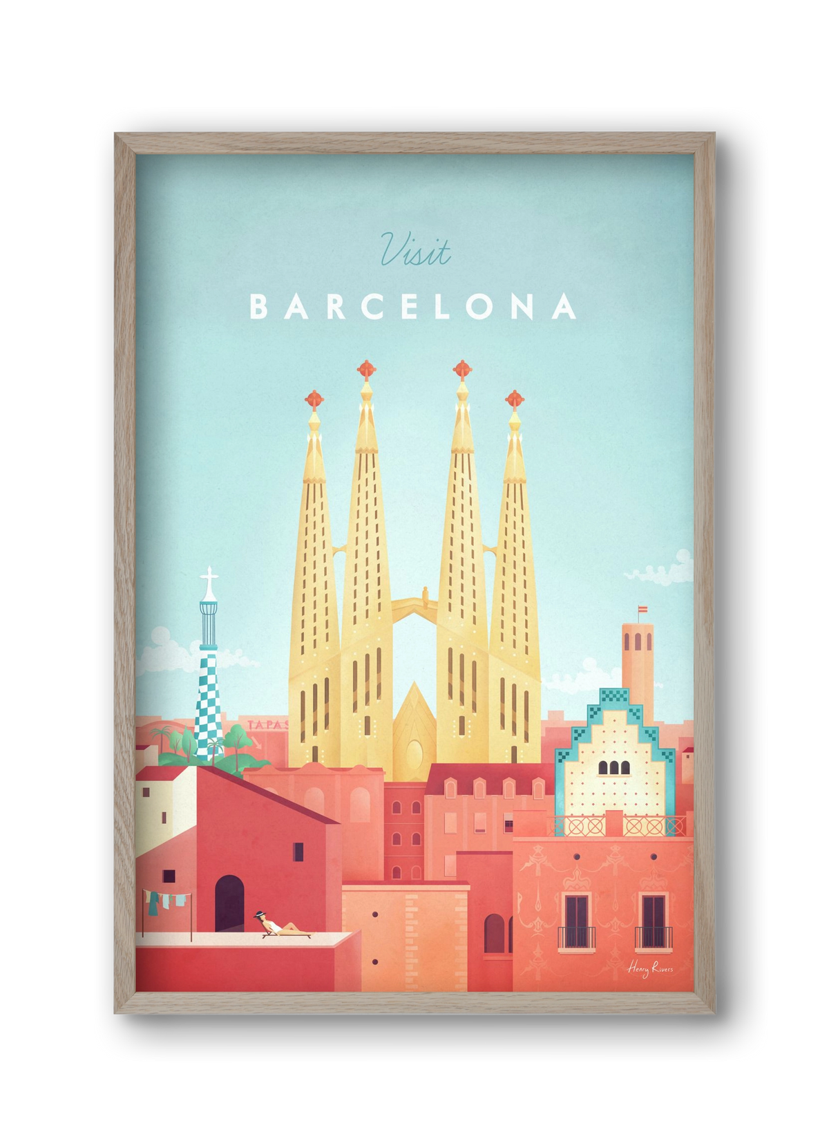 Barcelona Travel Poster, 30x45 cm (30x45 cm), Tölgy keret