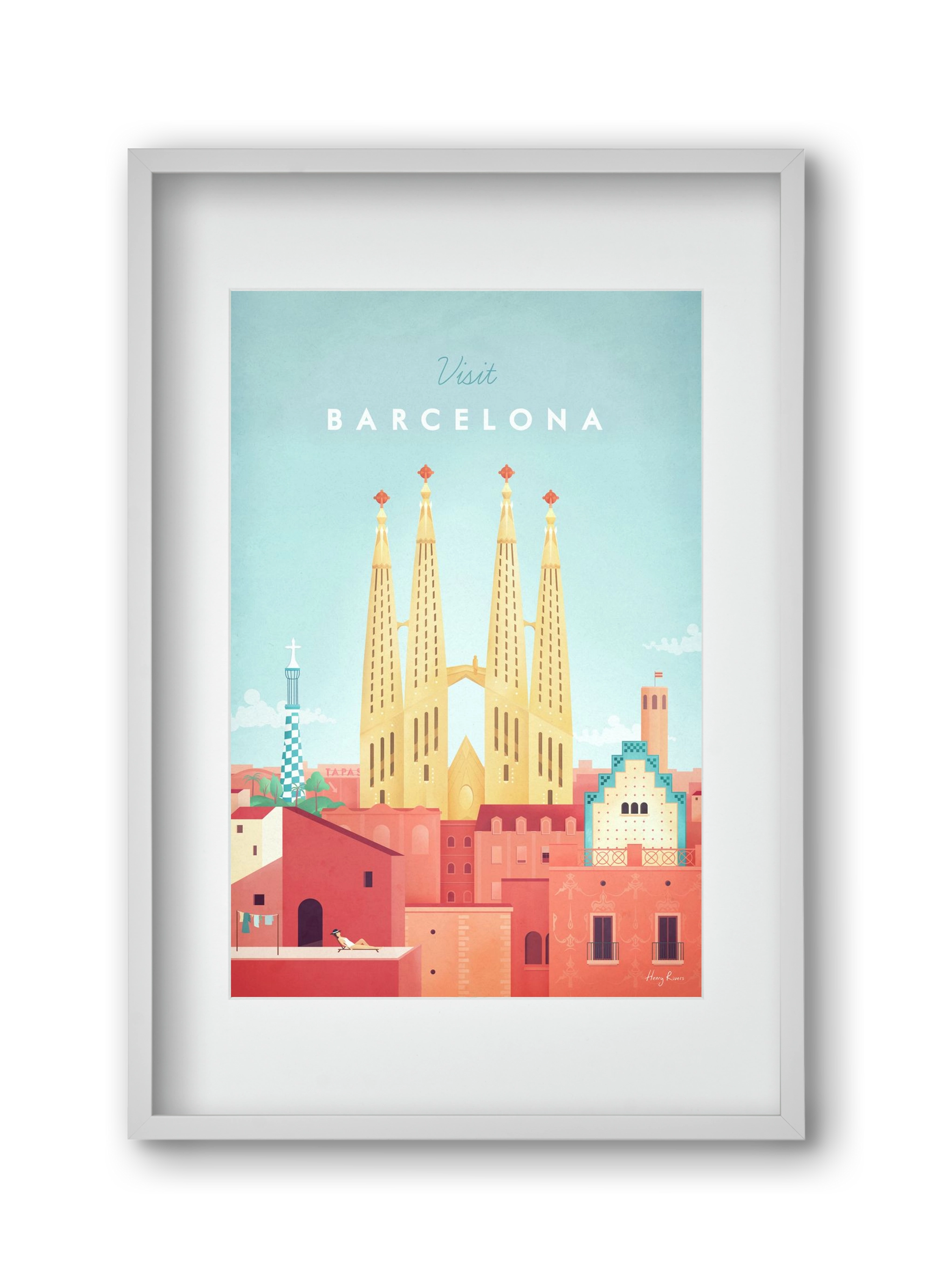Barcelona Travel Poster, 30x45 cm (20x30 cm), Fehér keret, paszpartuval