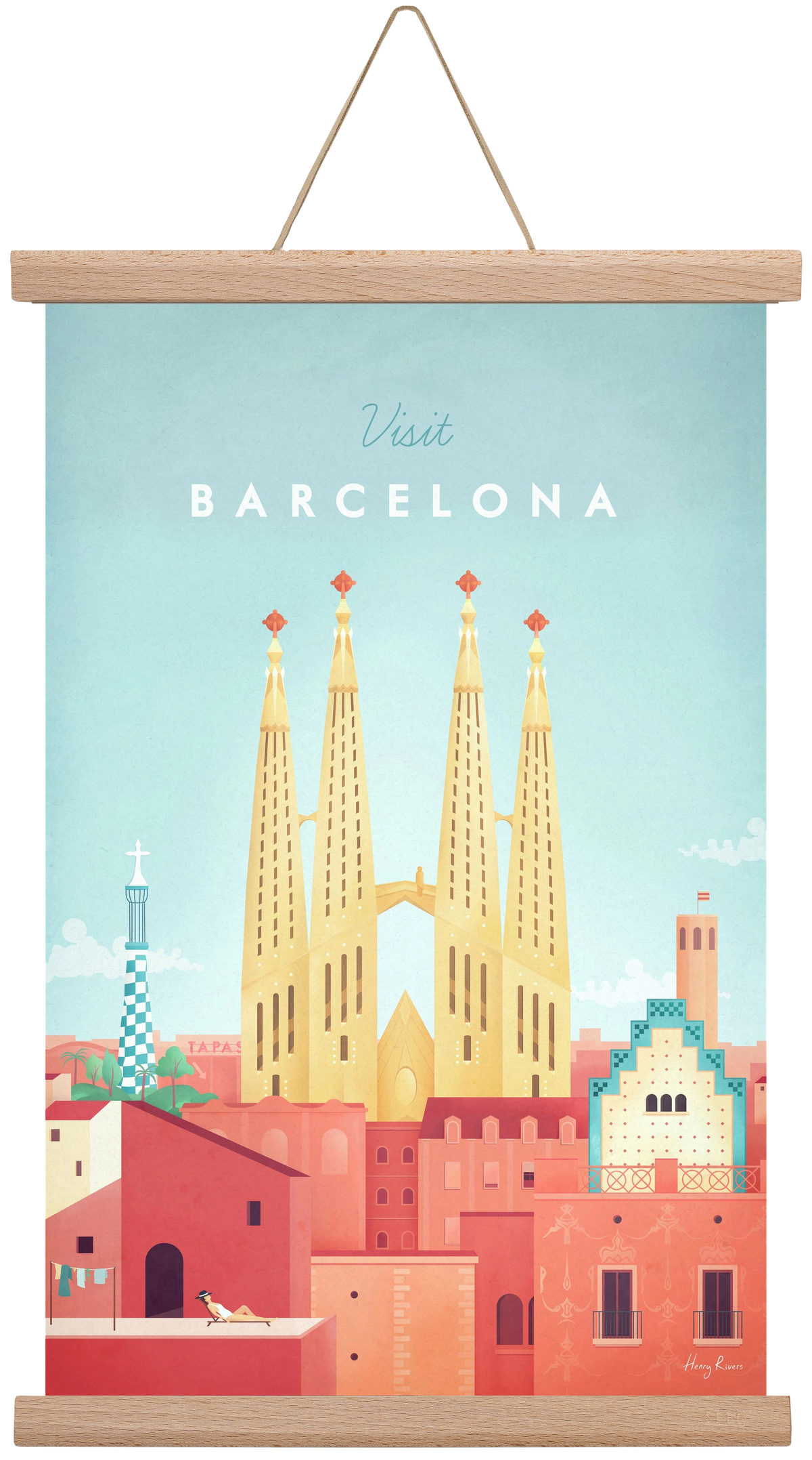 Barcelona Travel Poster, 30x45 cm (30x45 cm), Tölgy akasztó