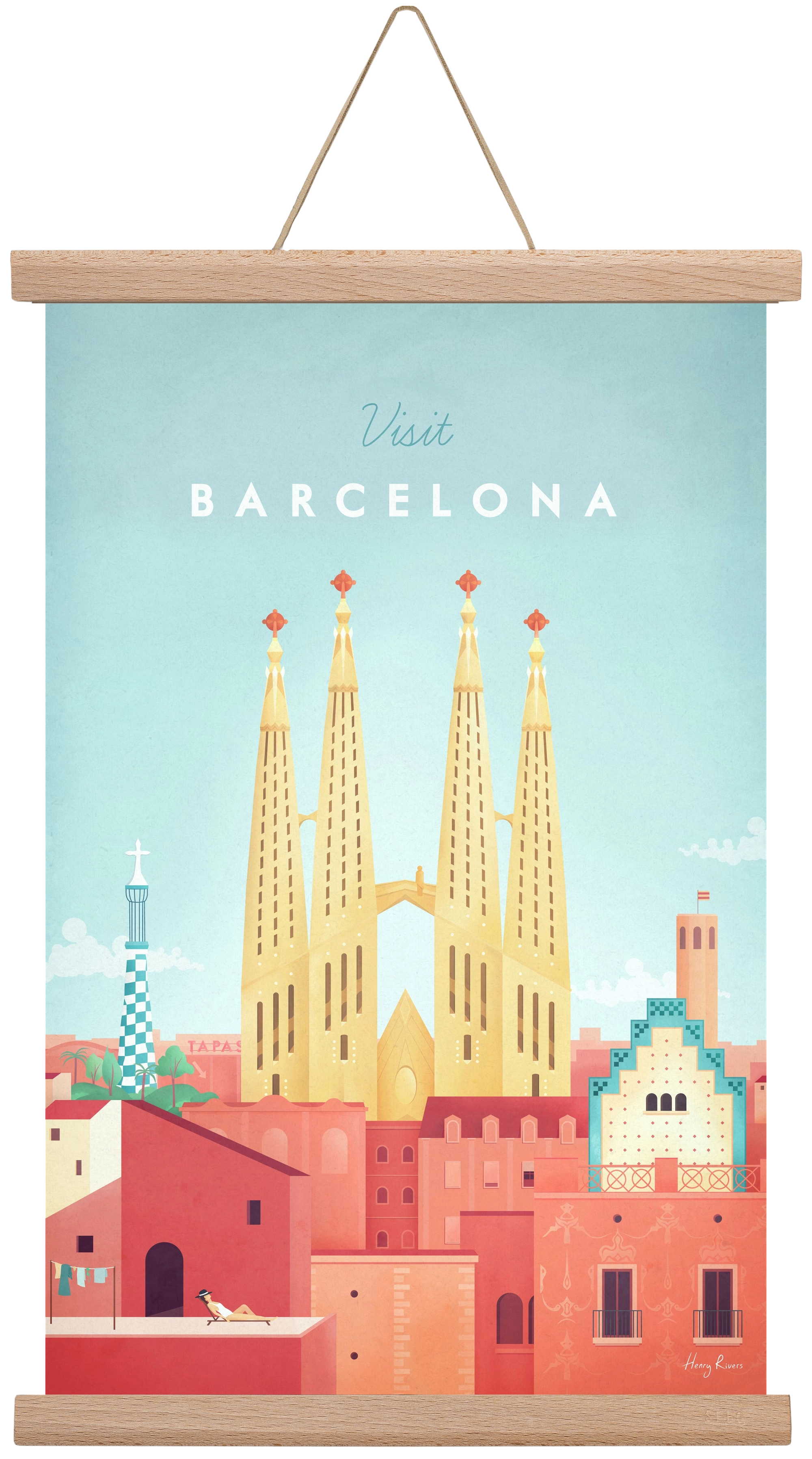 Barcelona Travel Poster, 30x45 cm (30x45 cm), Tölgy akasztó
