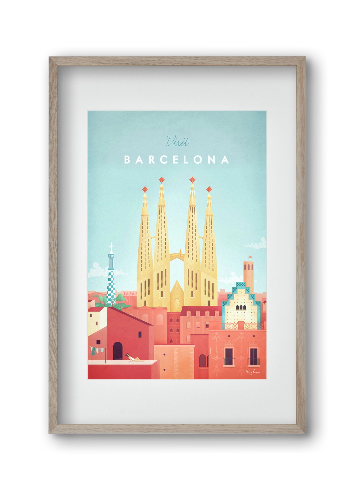 Barcelona Travel Poster, 30x45 cm (20x30 cm), Tölgy keret, paszpartuval