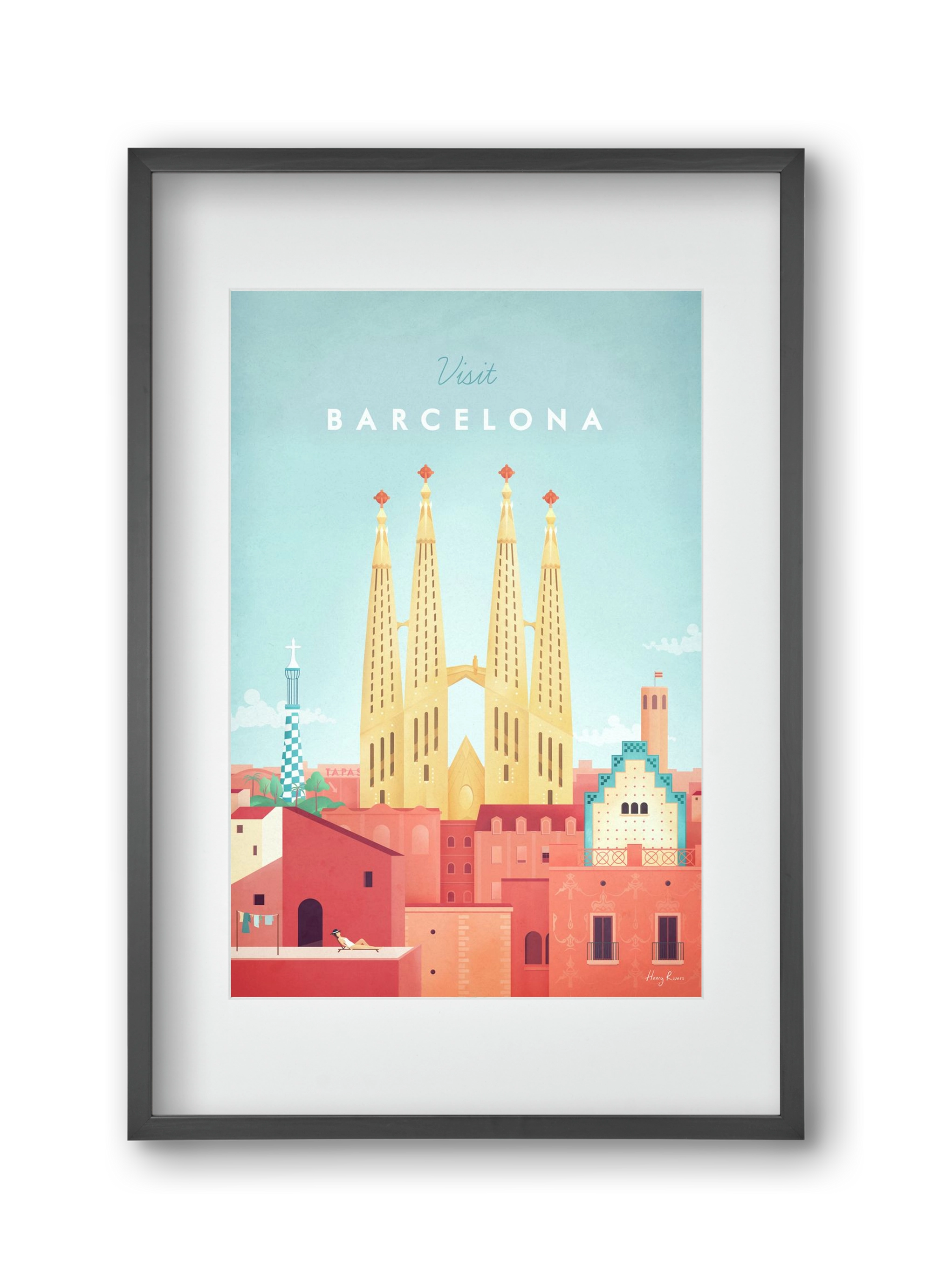 Barcelona Travel Poster, 30x45 cm (20x30 cm), Fekete keret, paszpartuval