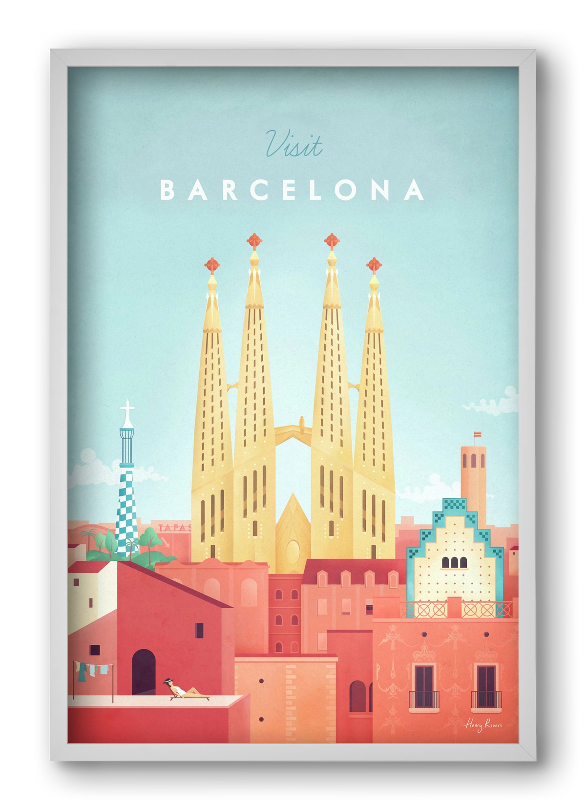 Barcelona Travel Poster, 40x60 cm (40x60 cm), Fehér keret