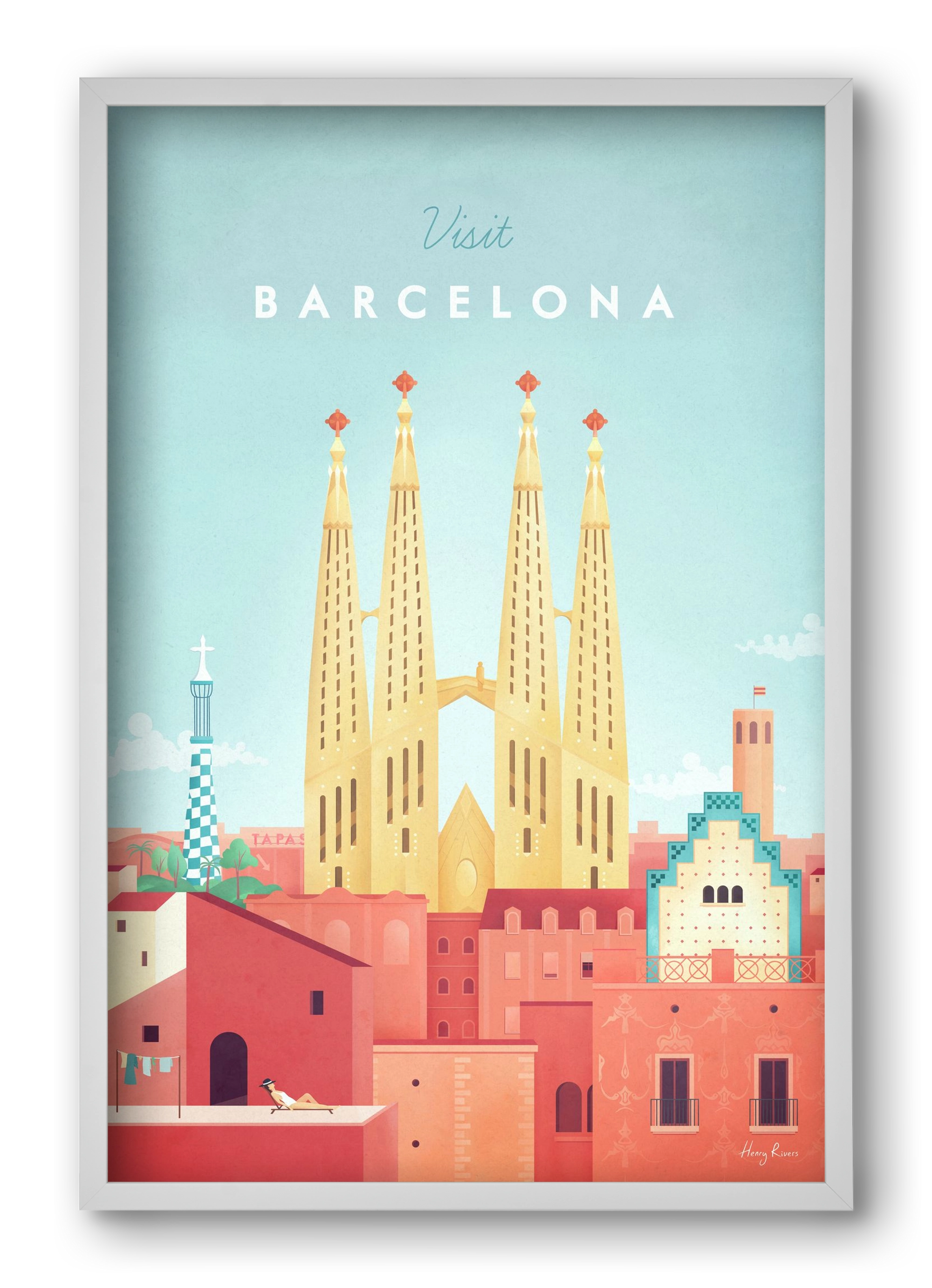 Barcelona Travel Poster, 40x60 cm (40x60 cm), Fehér keret