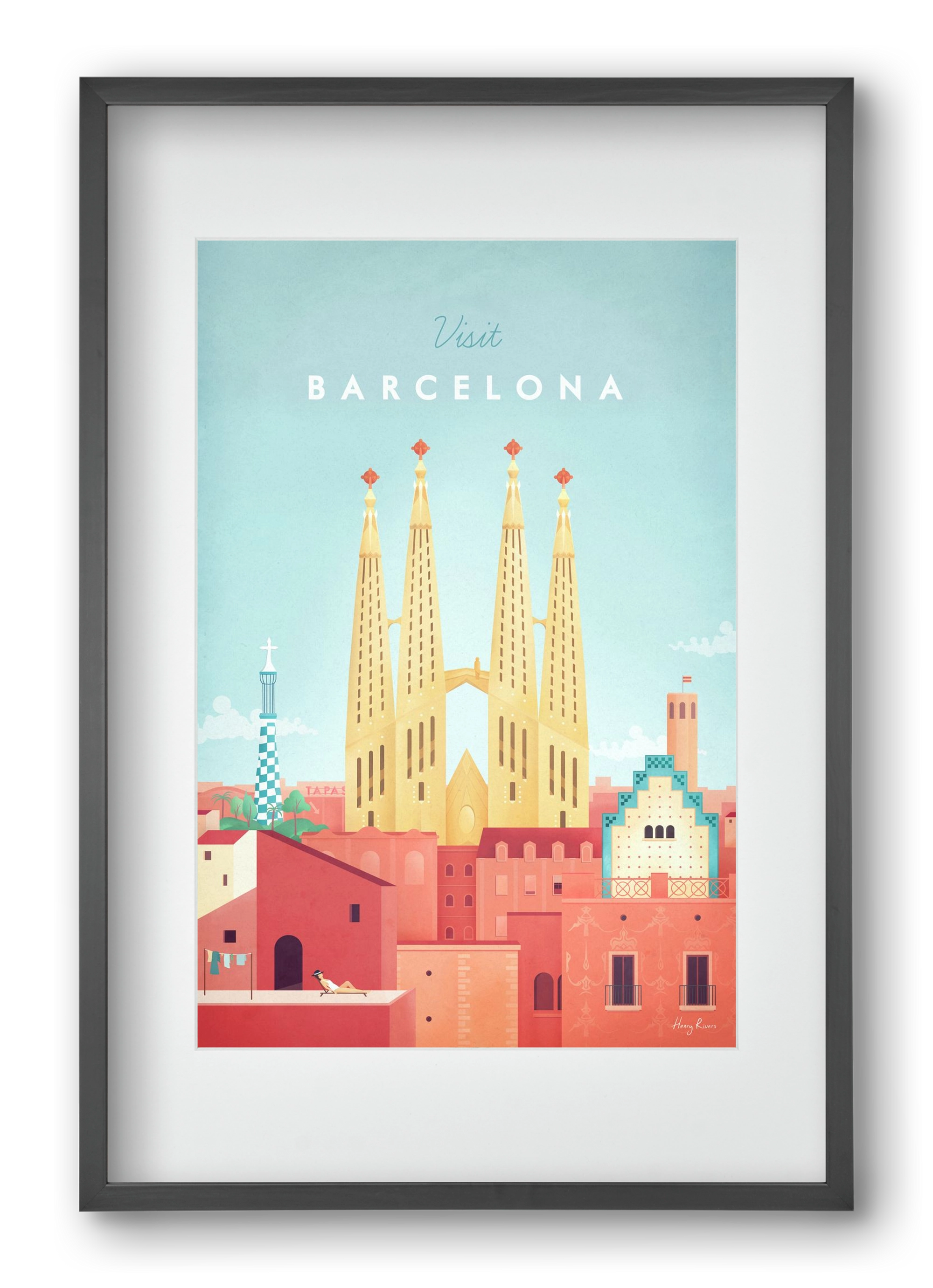 Barcelona Travel Poster, 40x60 cm (30x45 cm), Fekete keret, paszpartuval