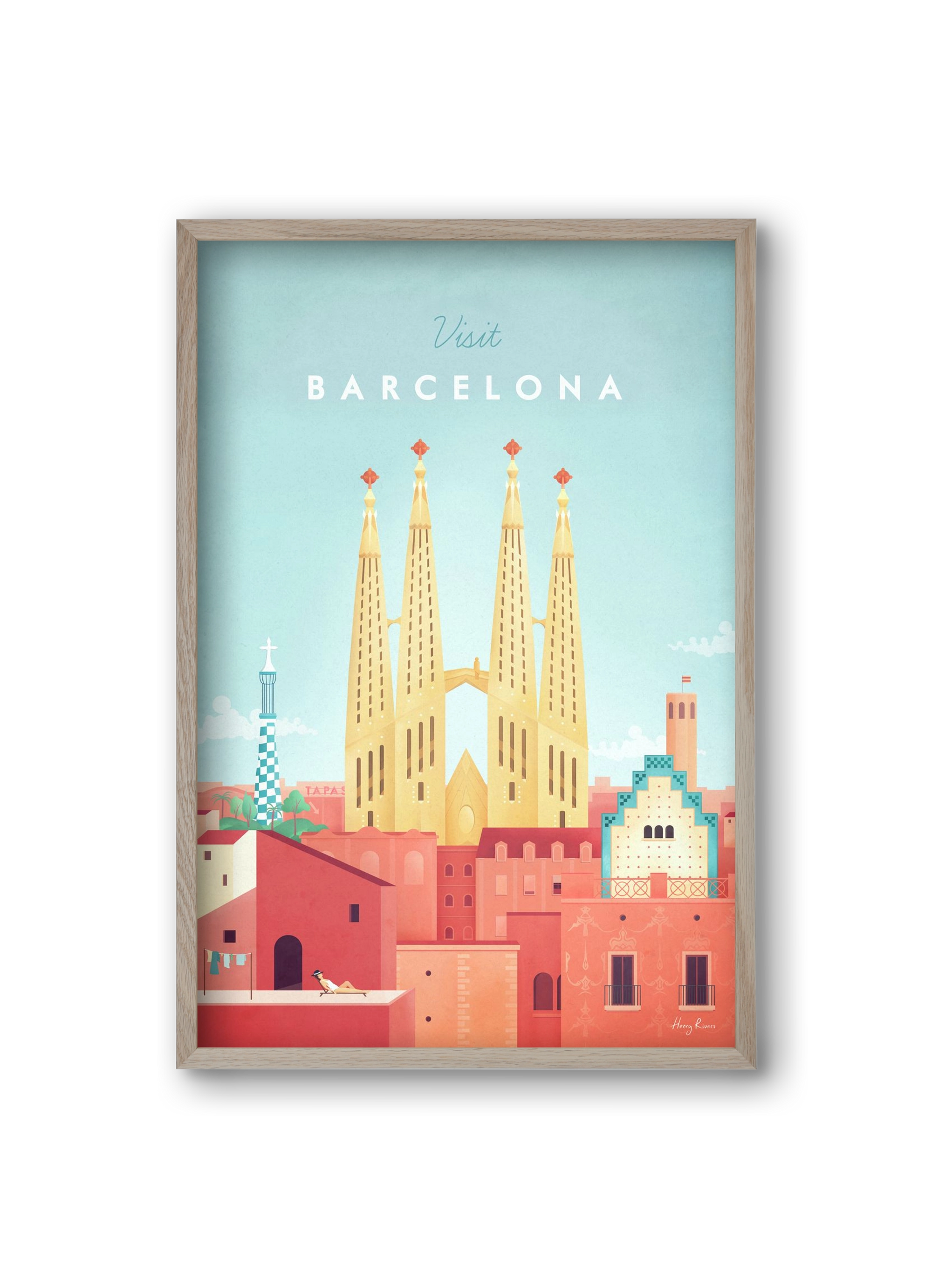 Barcelona Travel Poster, 20x30 cm (20x30 cm), Tölgy keret