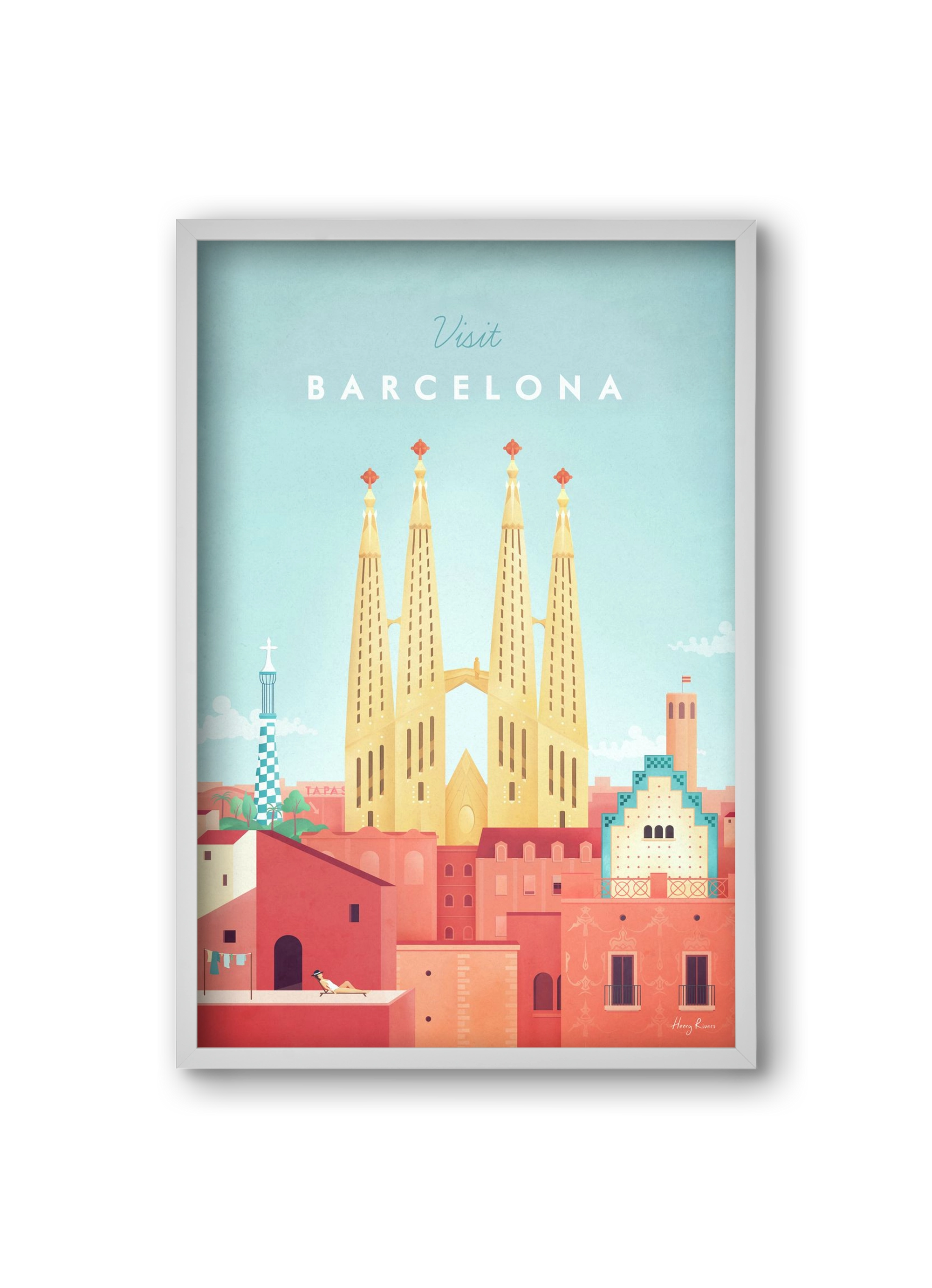Barcelona Travel Poster, 20x30 cm (20x30 cm), Fehér keret
