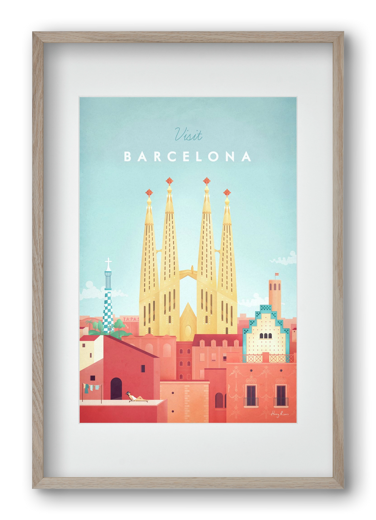 Barcelona Travel Poster, 40x60 cm (30x45 cm), Tölgy keret, paszpartuval