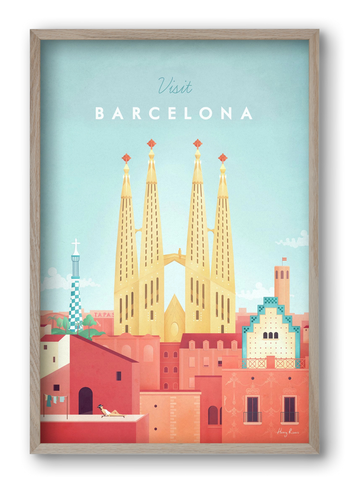 Barcelona Travel Poster, 40x60 cm (40x60 cm), Tölgy keret
