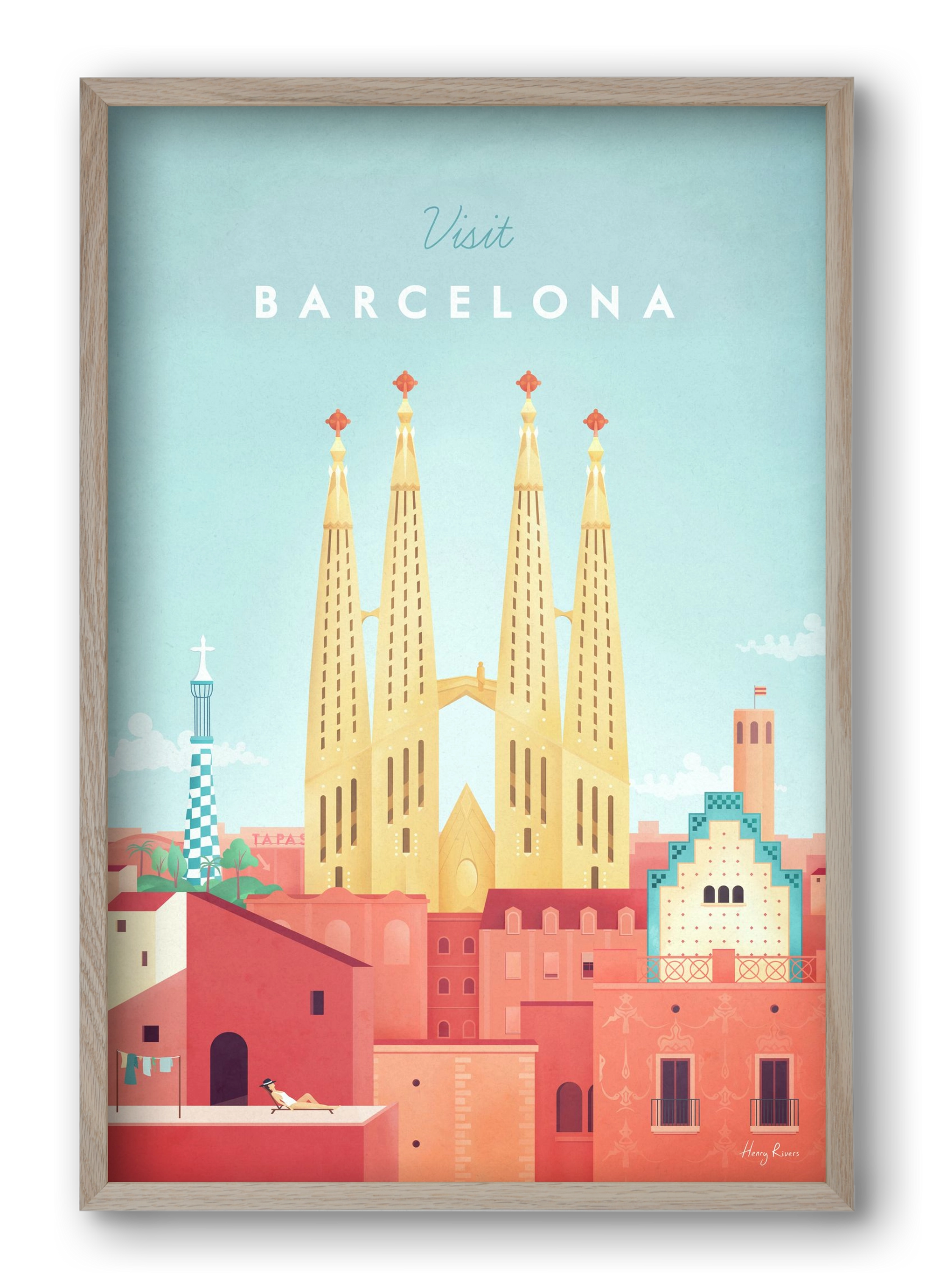 Barcelona Travel Poster, 40x60 cm (40x60 cm), Tölgy keret