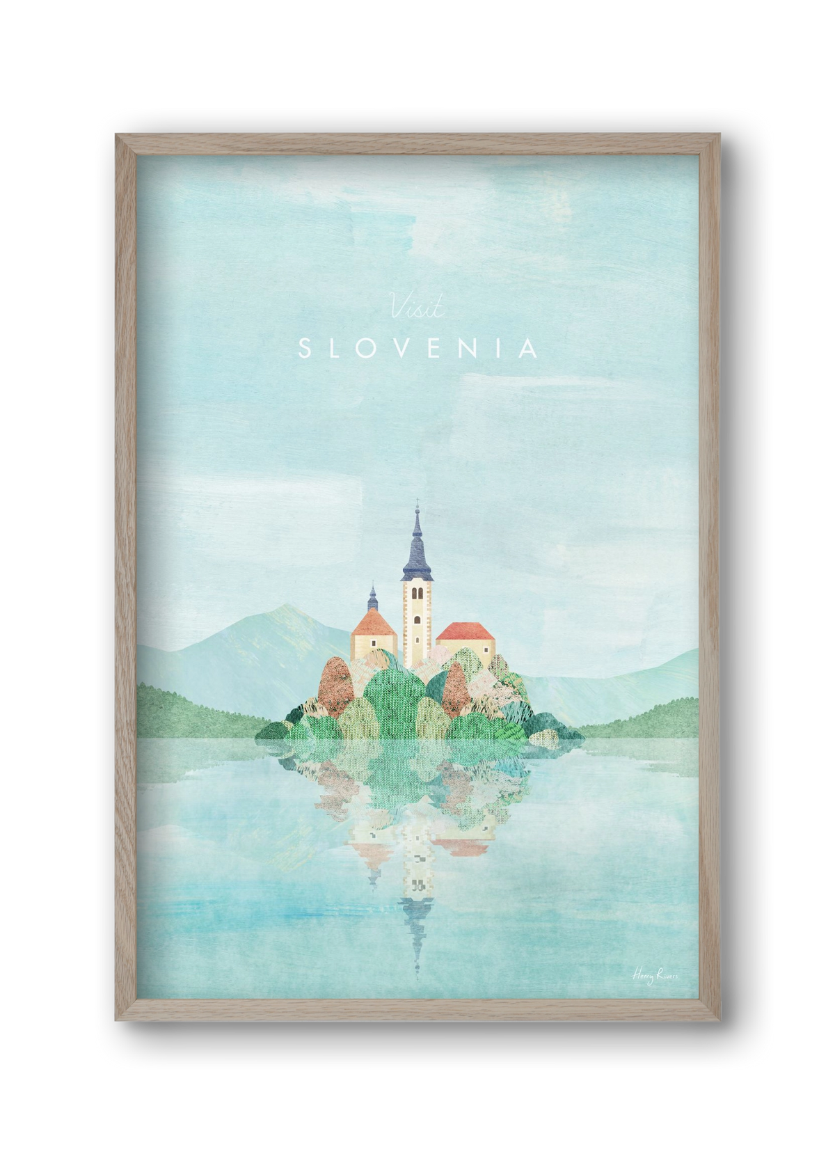 Lake Bled, Slovenia Travel Poster, 30x45 cm (30x45 cm), Tölgy keret