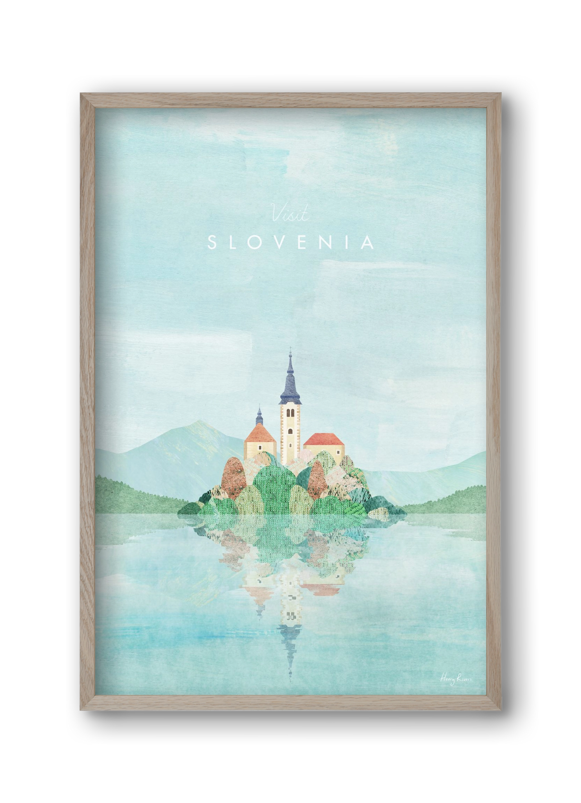 Lake Bled, Slovenia Travel Poster, 30x45 cm (30x45 cm), Tölgy keret