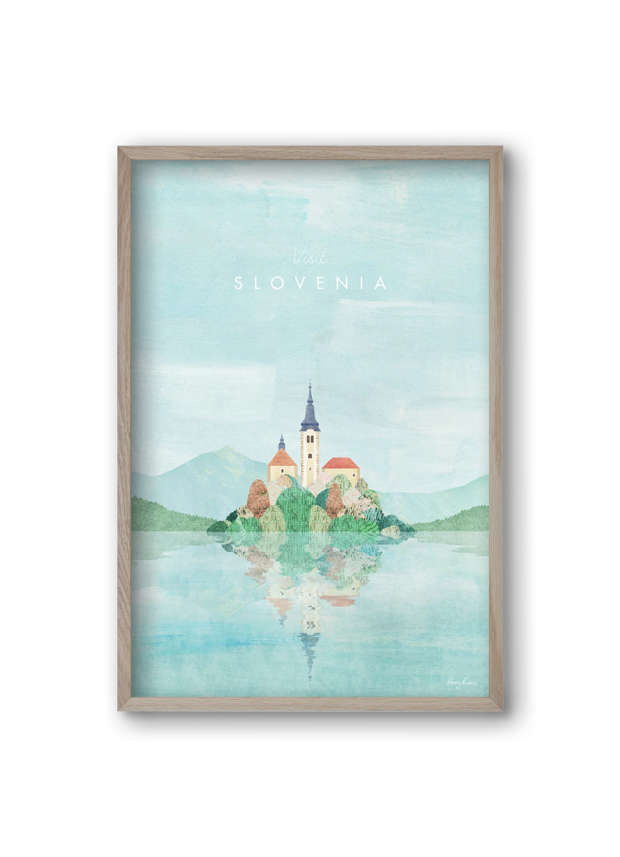 Lake Bled, Slovenia Travel Poster, 20x30 cm (20x30 cm), Tölgy keret