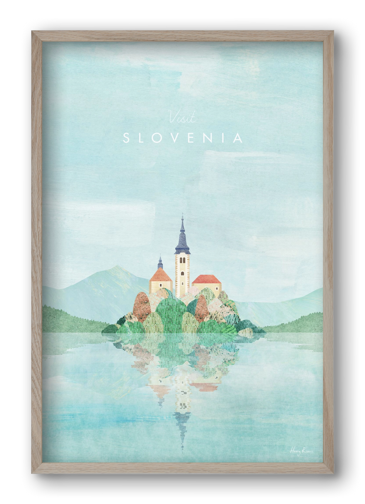 Lake Bled, Slovenia Travel Poster, 40x60 cm (40x60 cm), Tölgy keret