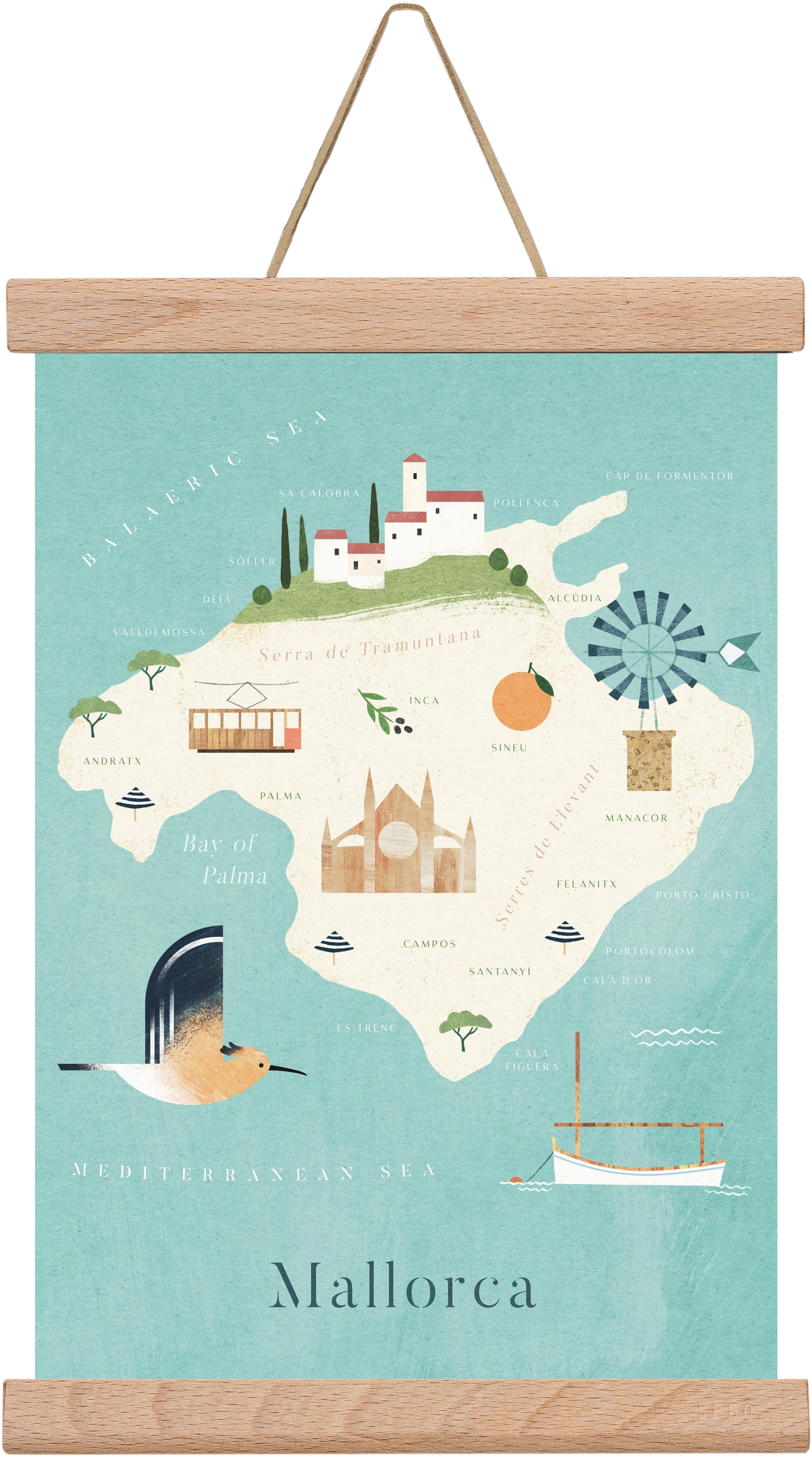 Mallorca Map, 20x30 cm (20x30 cm), Tölgy akasztó