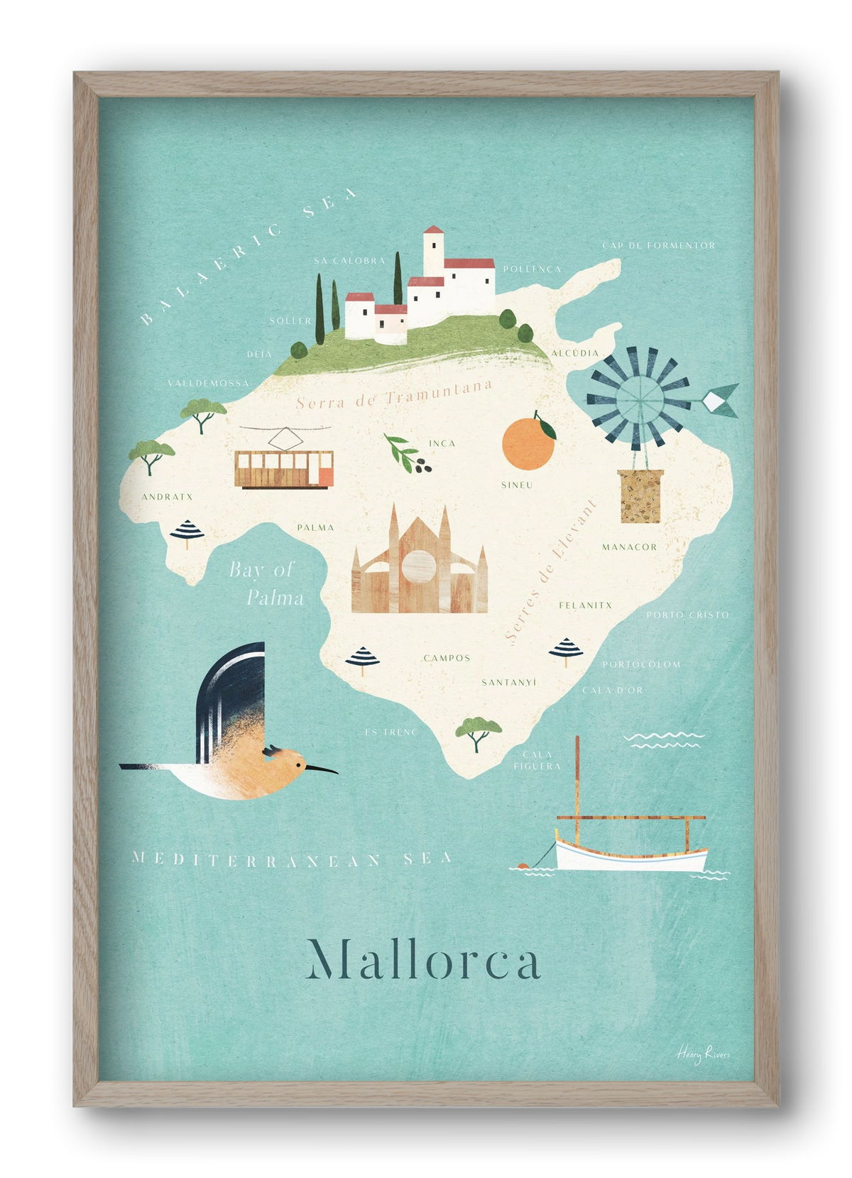 Mallorca Map, 40x60 cm (40x60 cm), Tölgy keret