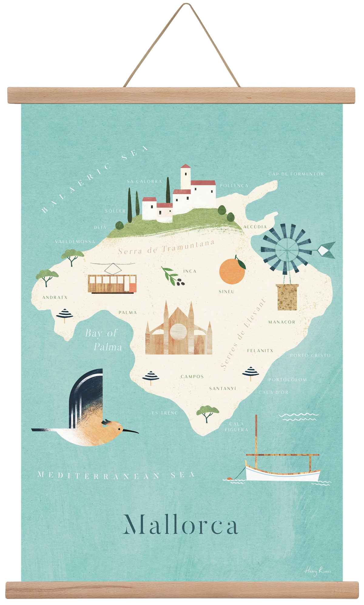 Mallorca Map, 40x60 cm (40x60 cm), Tölgy akasztó