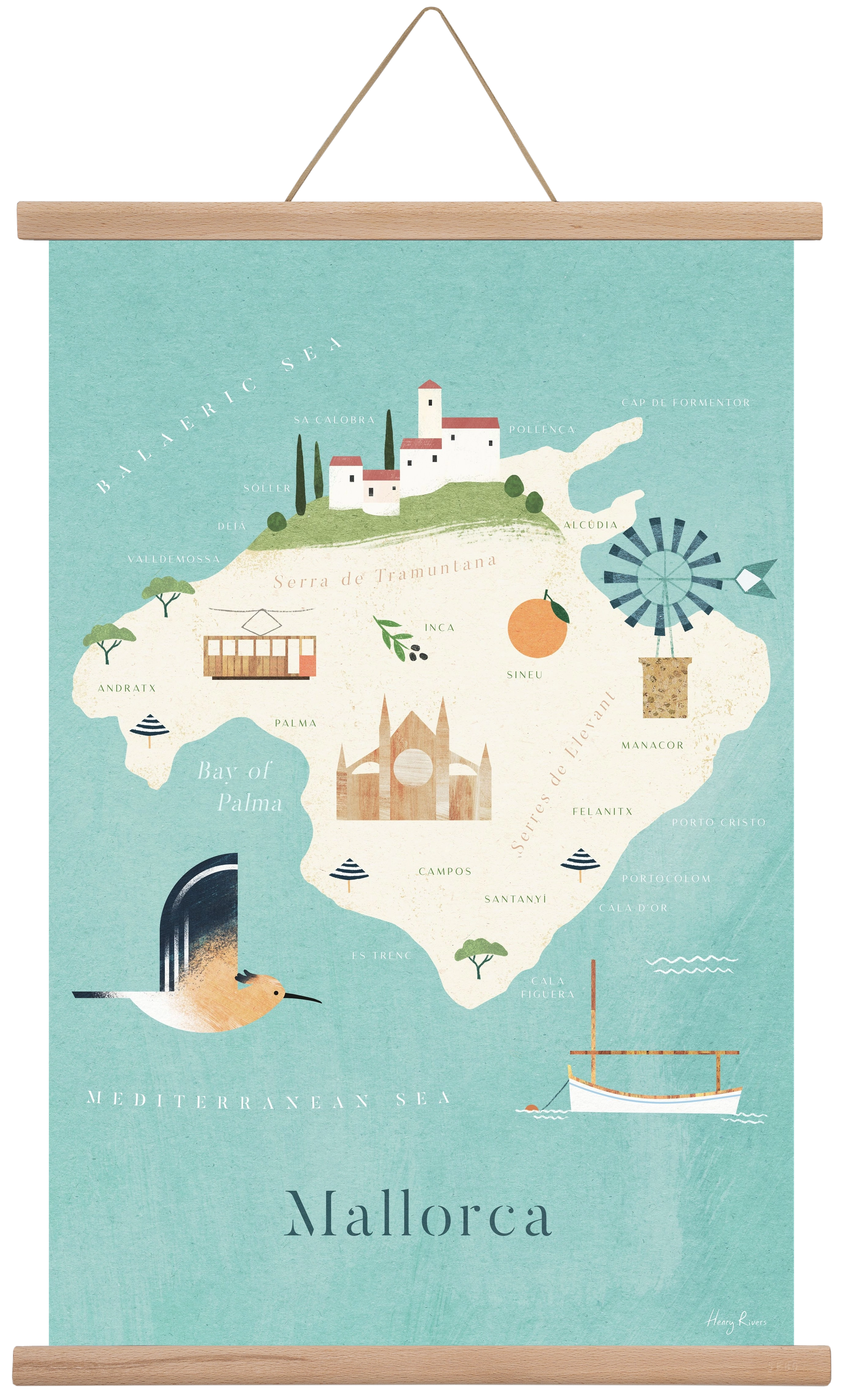 Mallorca Map, 40x60 cm (40x60 cm), Tölgy akasztó