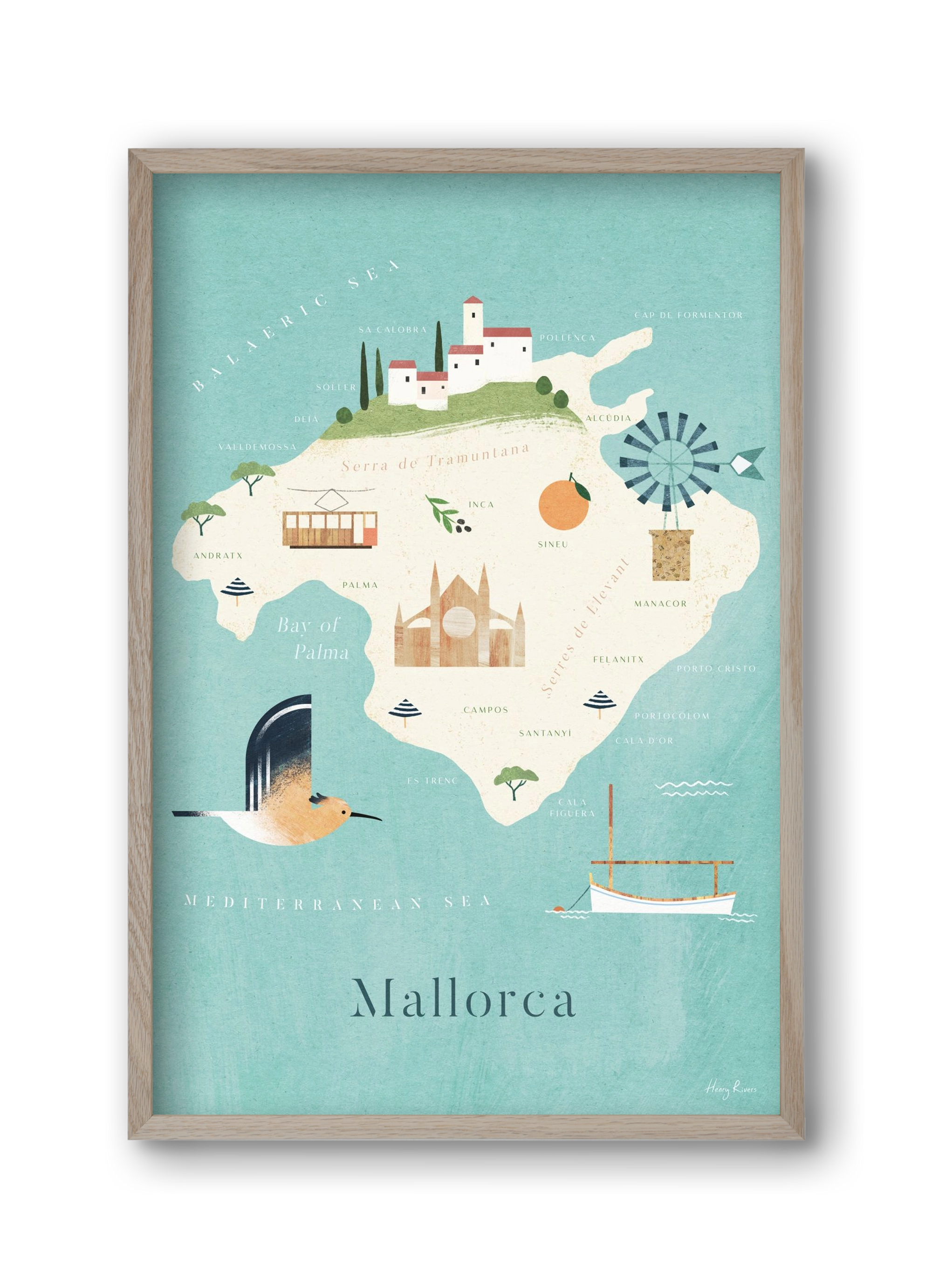 Mallorca Map, 30x45 cm (30x45 cm), Tölgy keret