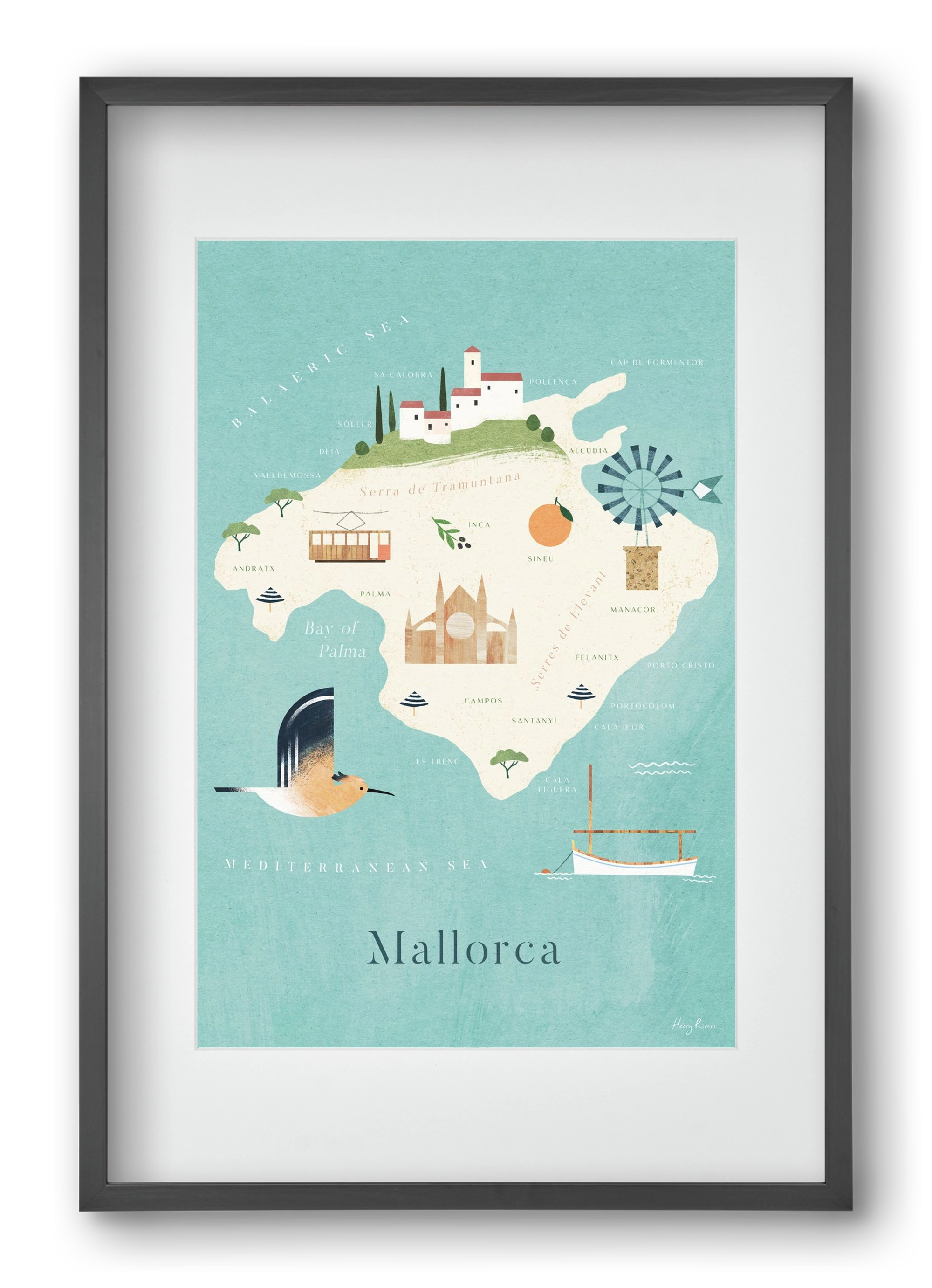 Mallorca Map, 40x60 cm (30x45 cm), Fekete keret, paszpartuval
