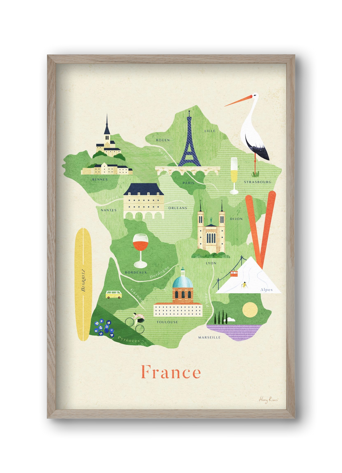 France Map, 30x45 cm (30x45 cm), Tölgy keret