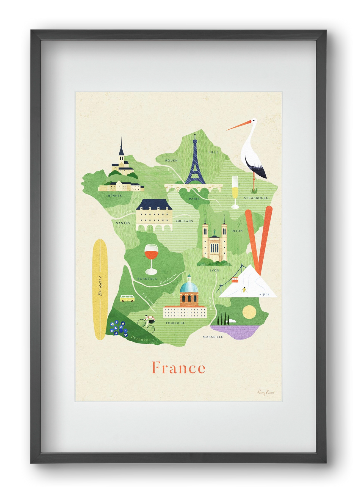 France Map, 40x60 cm (30x45 cm), Fekete keret, paszpartuval