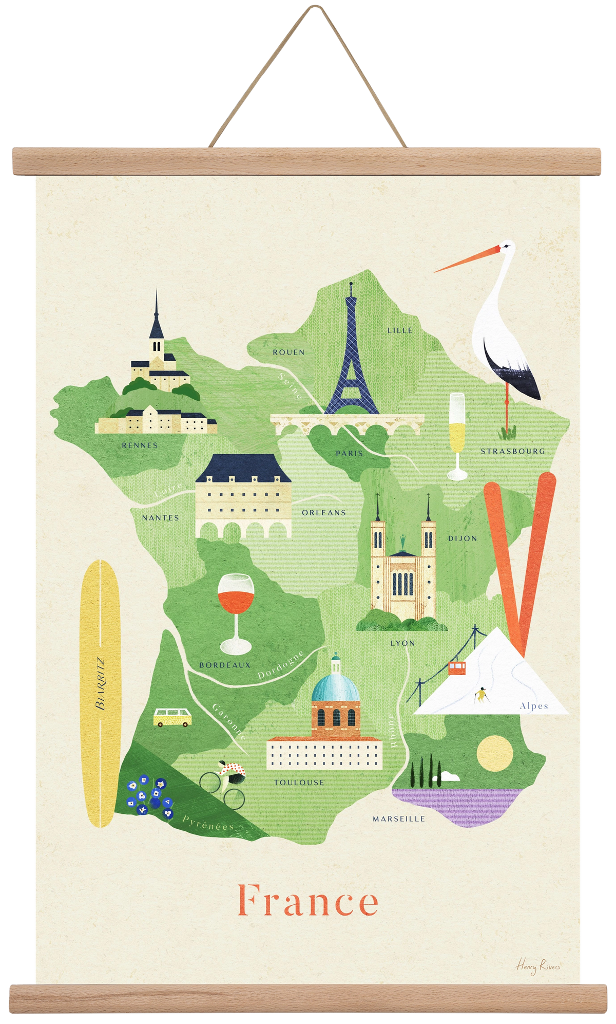 France Map, 40x60 cm (40x60 cm), Tölgy akasztó