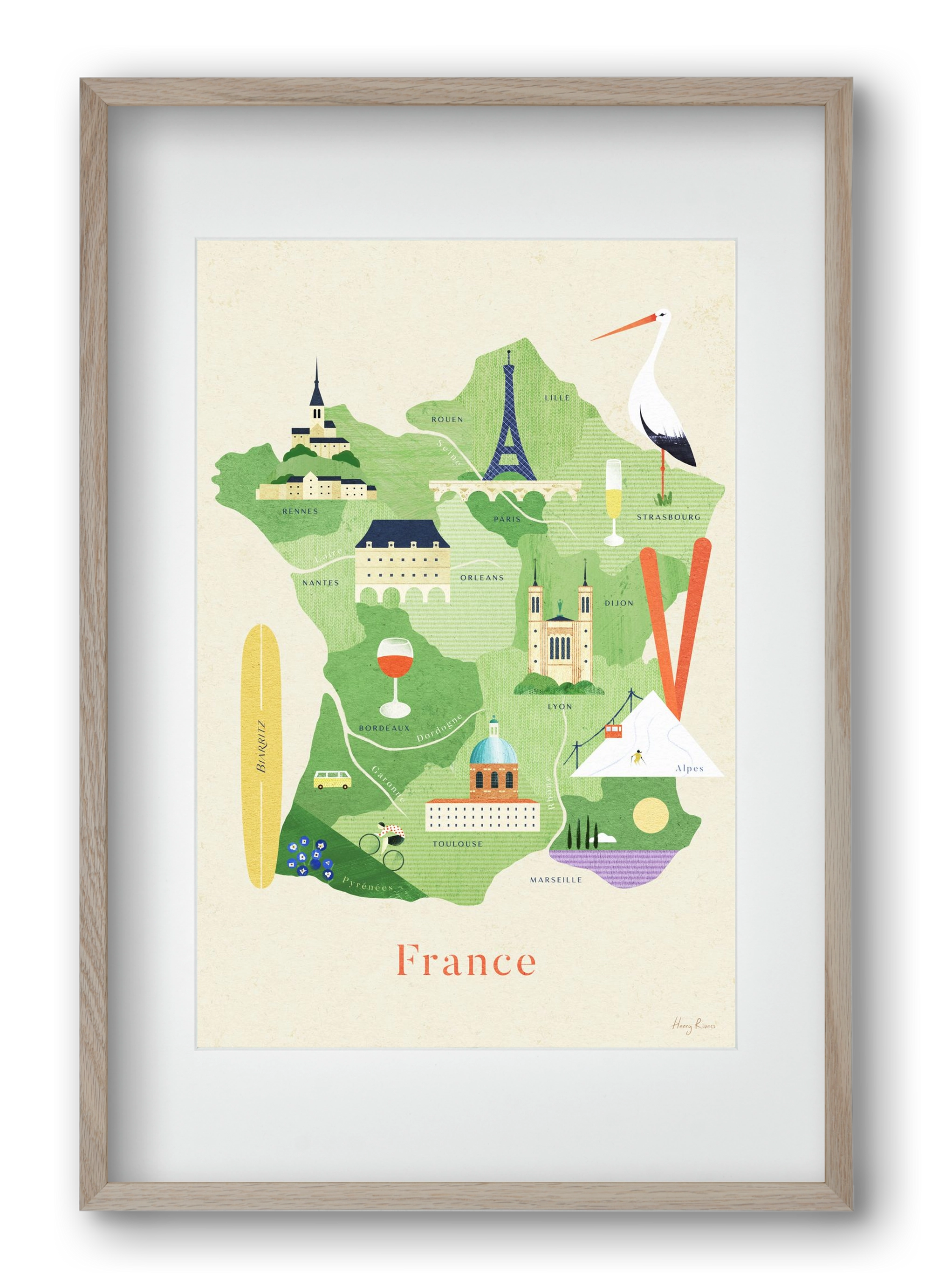 France Map, 40x60 cm (30x45 cm), Tölgy keret, paszpartuval