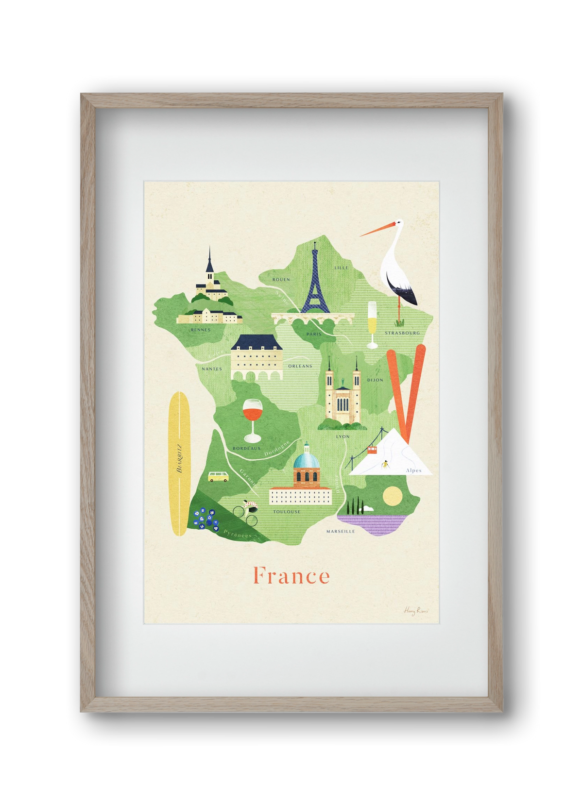 France Map, 30x45 cm (20x30 cm), Tölgy keret, paszpartuval