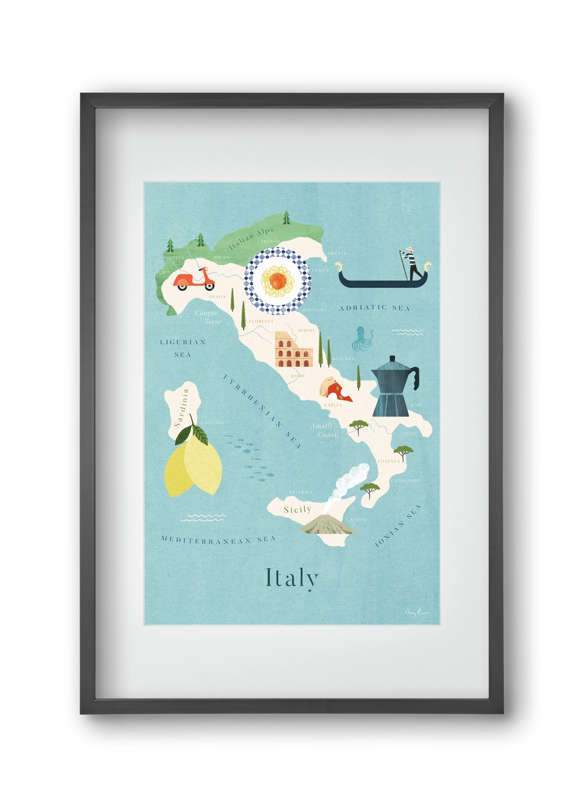 Italy Map, 30x45 cm (20x30 cm), Fekete keret, paszpartuval
