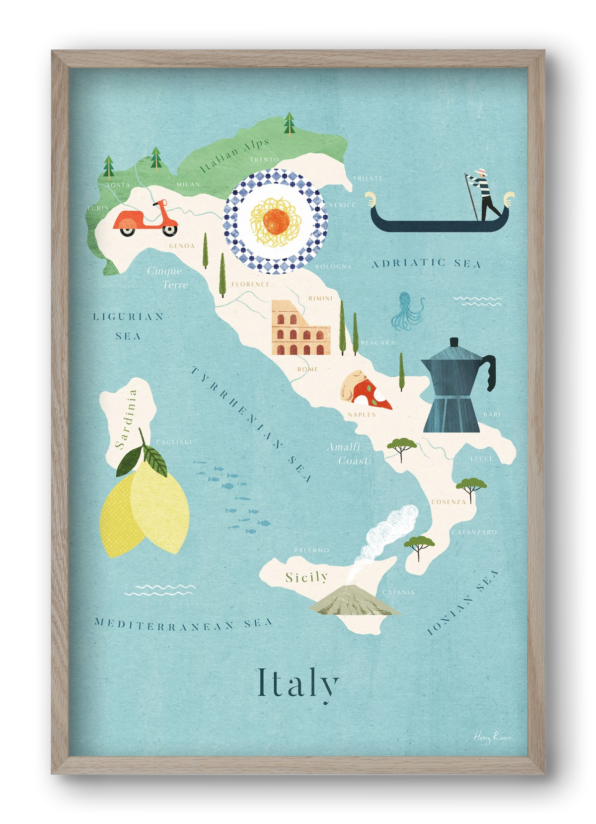 Italy Map, 40x60 cm (40x60 cm), Tölgy keret