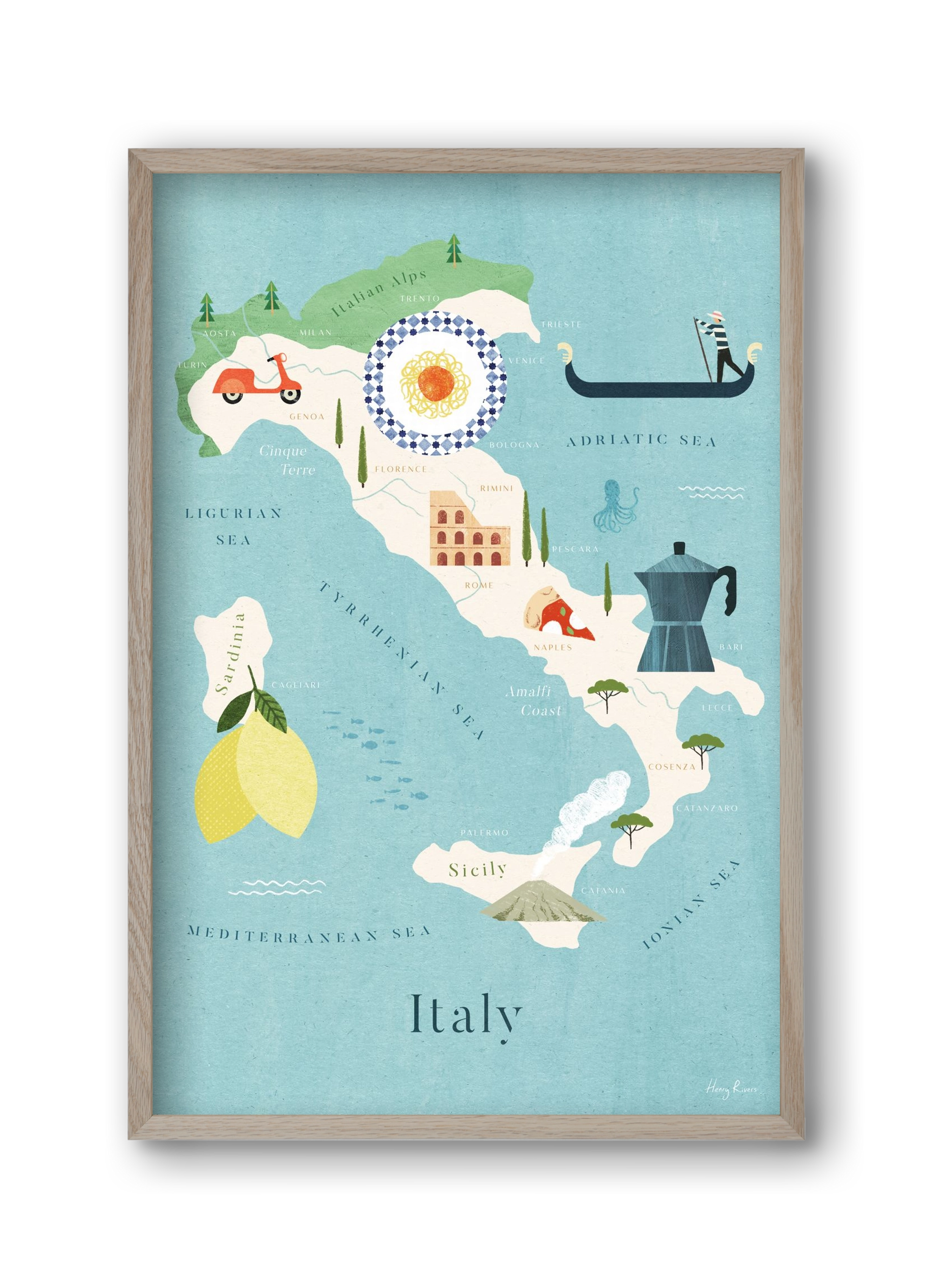 Italy Map, 30x45 cm (30x45 cm), Tölgy keret