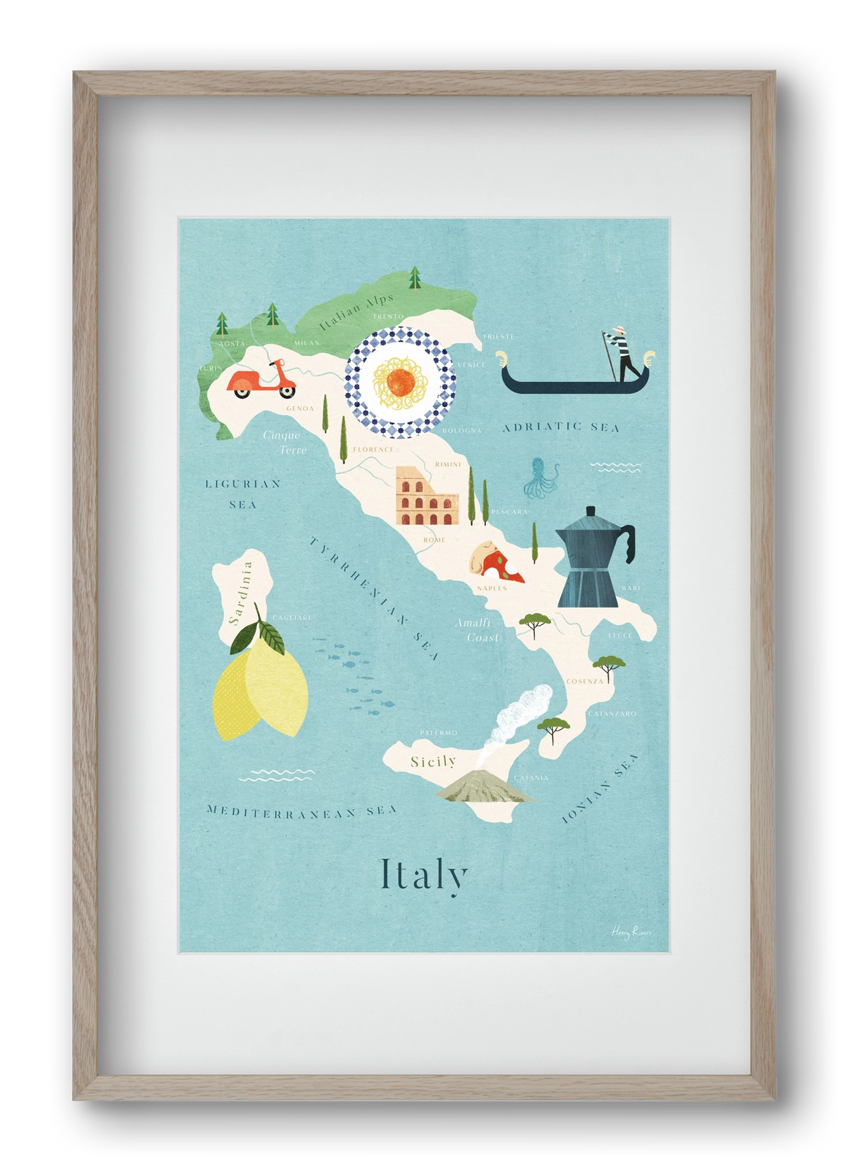 Italy Map, 40x60 cm (30x45 cm), Tölgy keret, paszpartuval