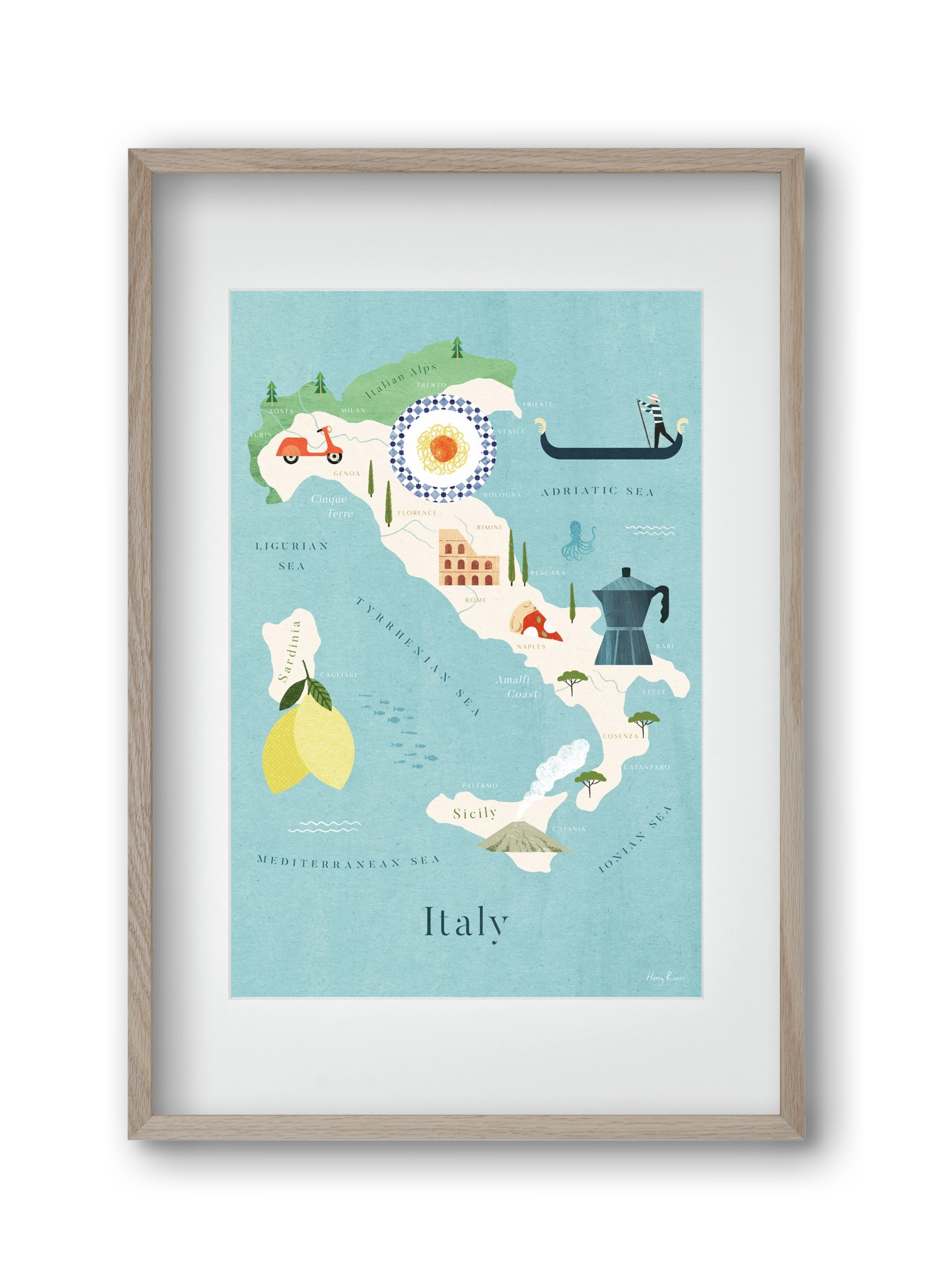 Italy Map, 30x45 cm (20x30 cm), Tölgy keret, paszpartuval