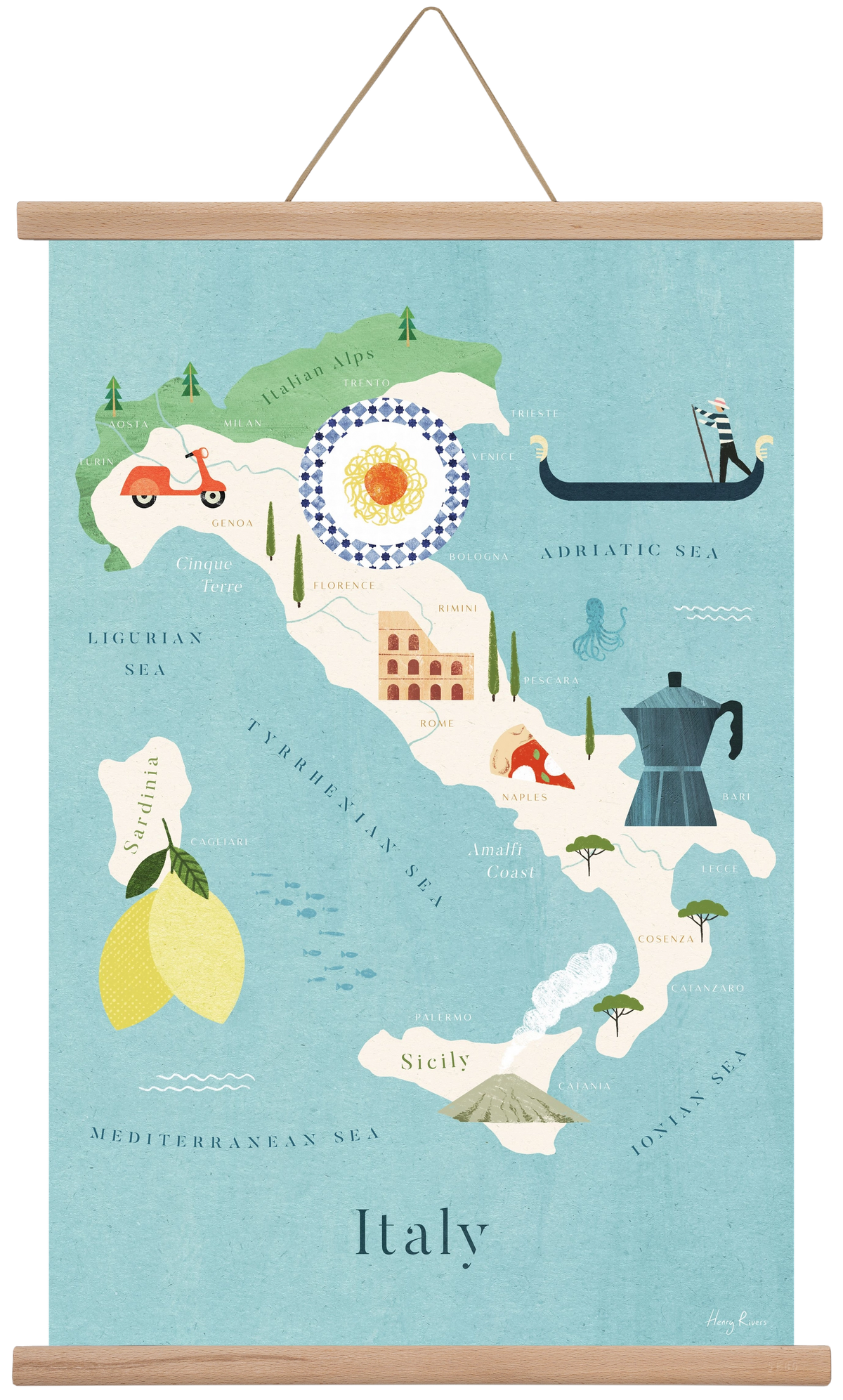 Italy Map, 40x60 cm (40x60 cm), Tölgy akasztó