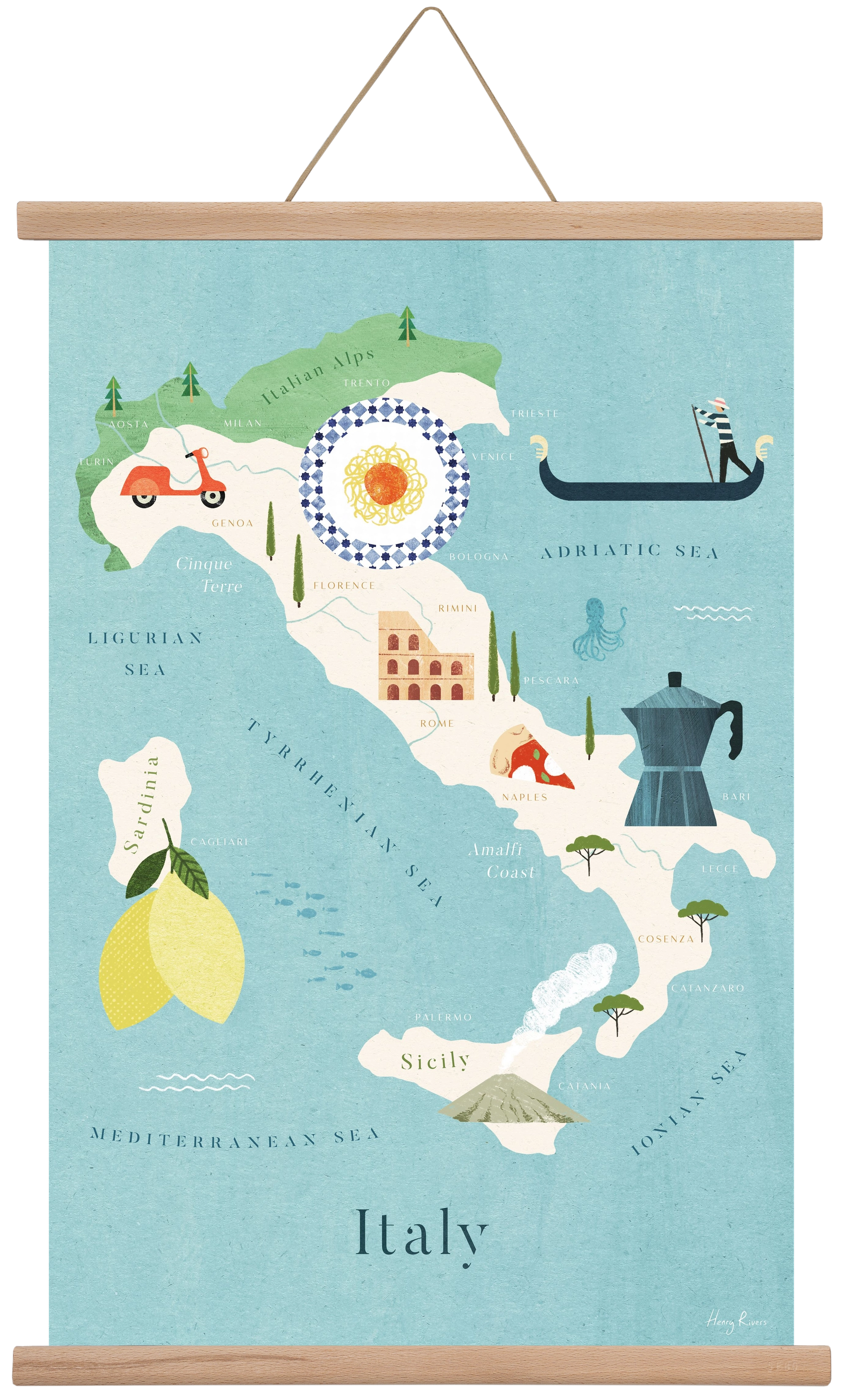 Italy Map, 40x60 cm (40x60 cm), Tölgy akasztó