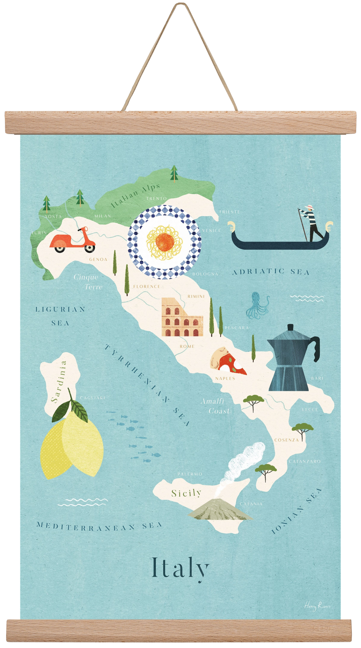 Italy Map, 30x45 cm (30x45 cm), Tölgy akasztó