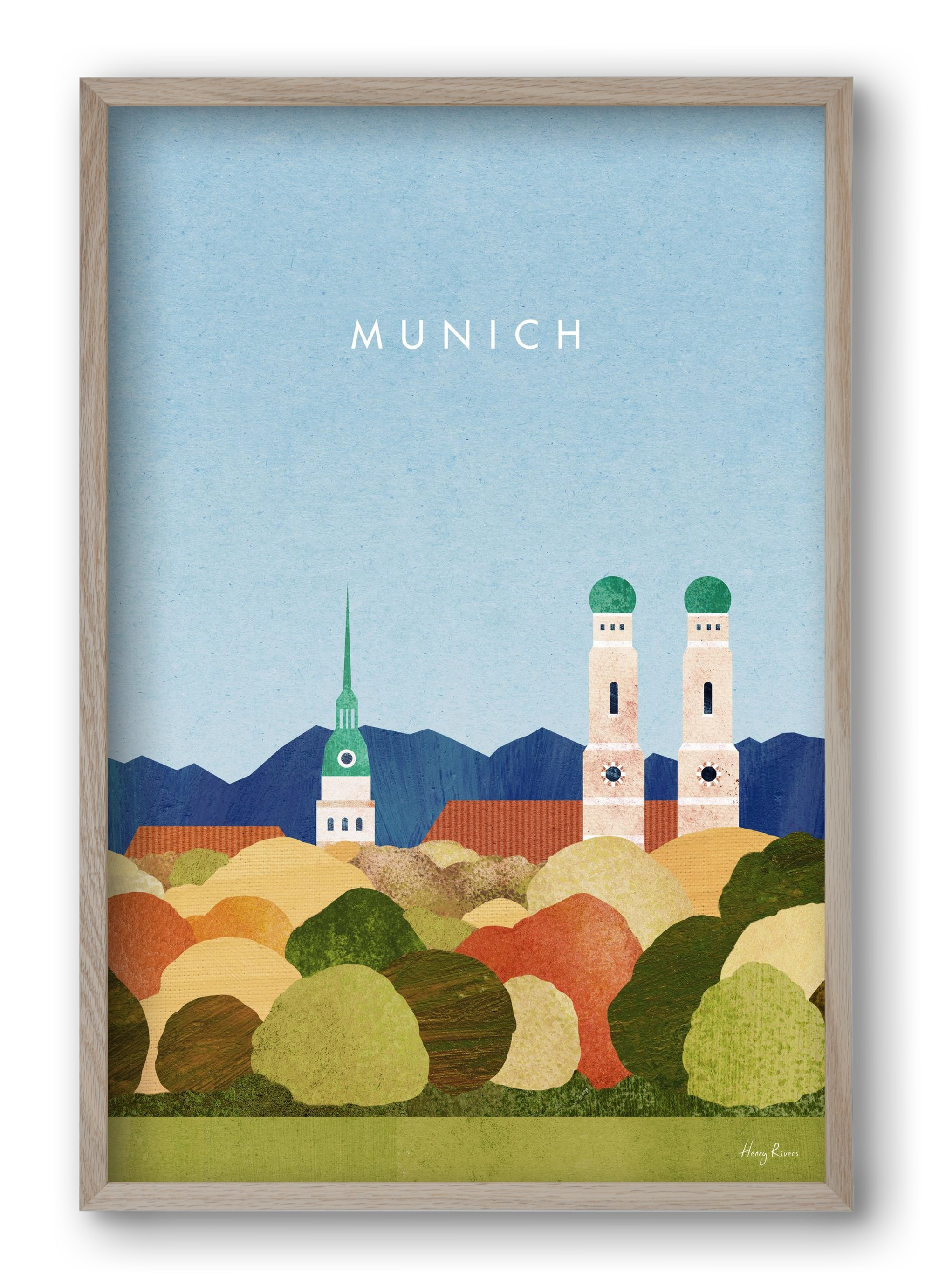 Munich Travel Poster, 40x60 cm (40x60 cm), Tölgy keret