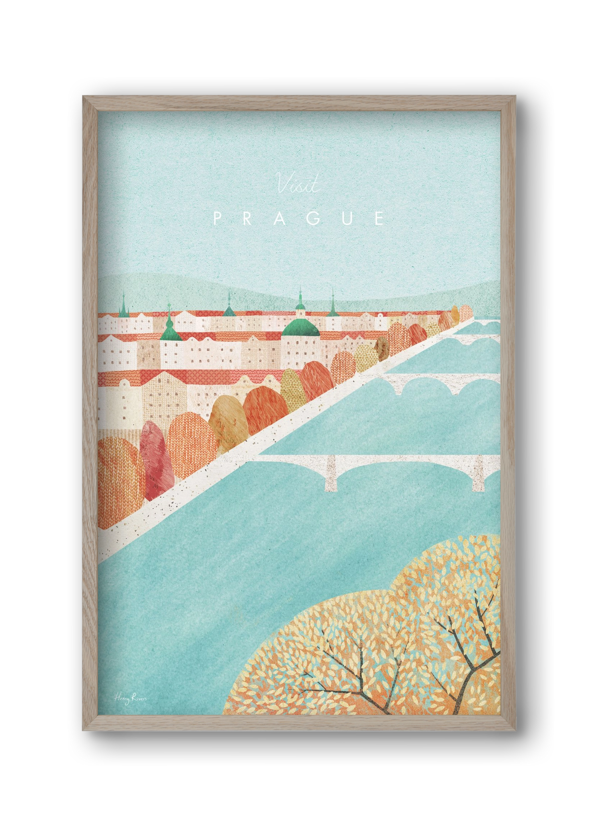 Prague Travel Poster, 30x45 cm (30x45 cm), Tölgy keret