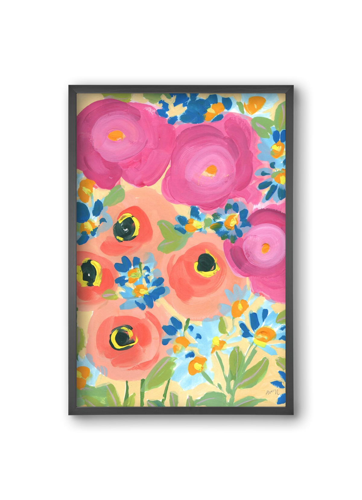 Pink Roses With Coral Anemones, 20x30 cm (20x30 cm), Fekete keret
