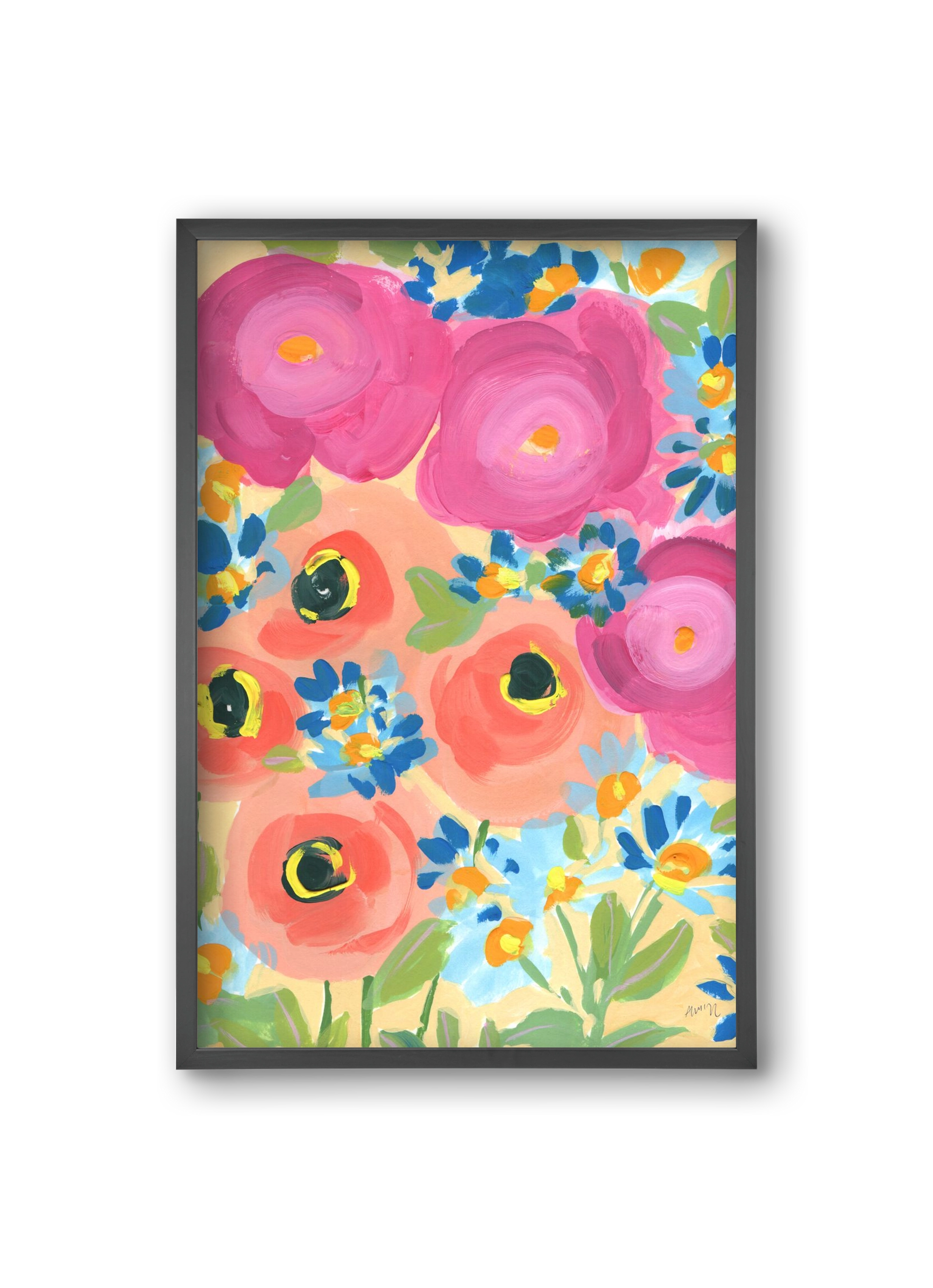 Pink Roses With Coral Anemones, 20x30 cm (20x30 cm), Fekete keret