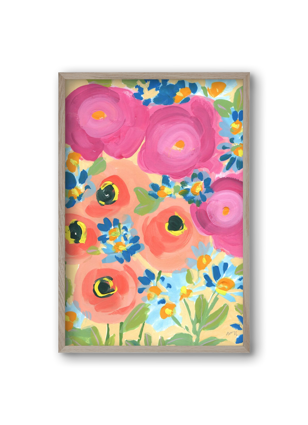 Pink Roses With Coral Anemones, 20x30 cm (20x30 cm), Tölgy keret