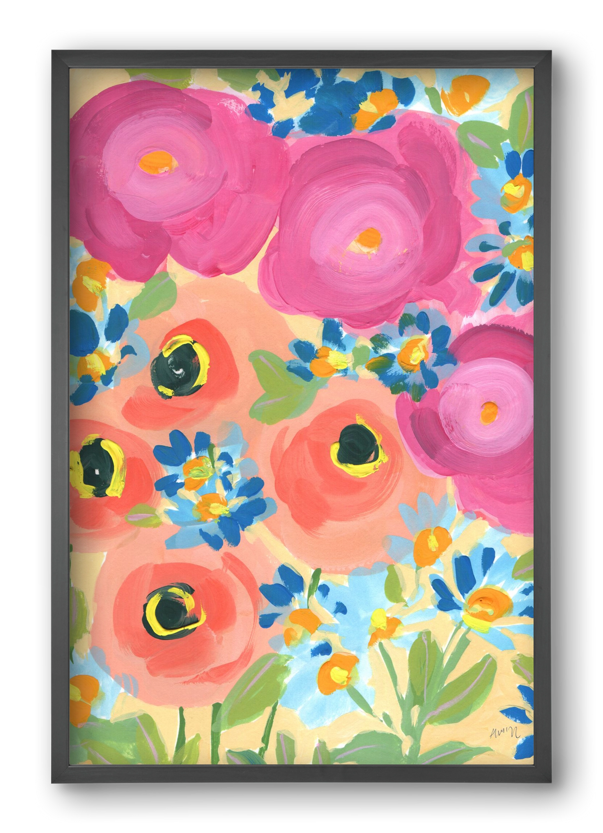 Pink Roses With Coral Anemones, 40x60 cm (40x60 cm), Fekete keret