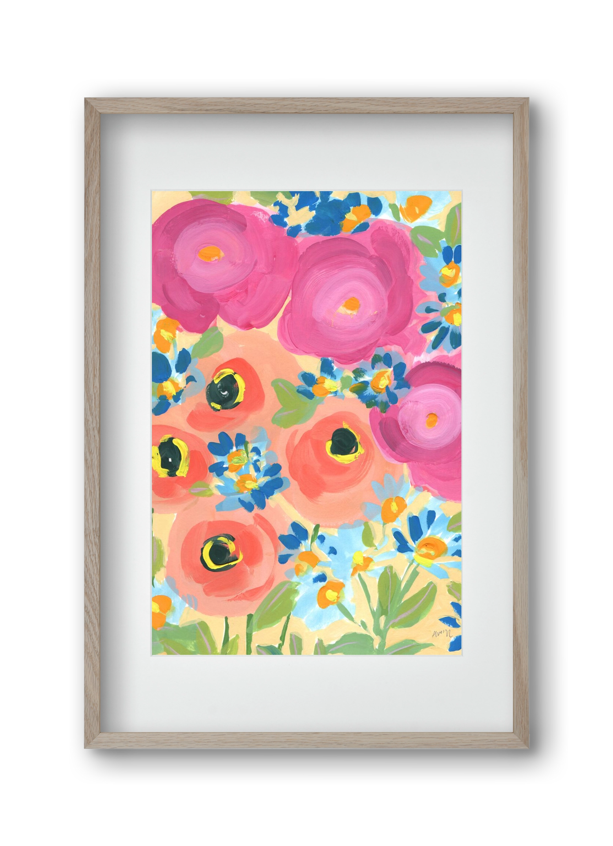 Pink Roses With Coral Anemones, 30x45 cm (20x30 cm), Tölgy keret, paszpartuval