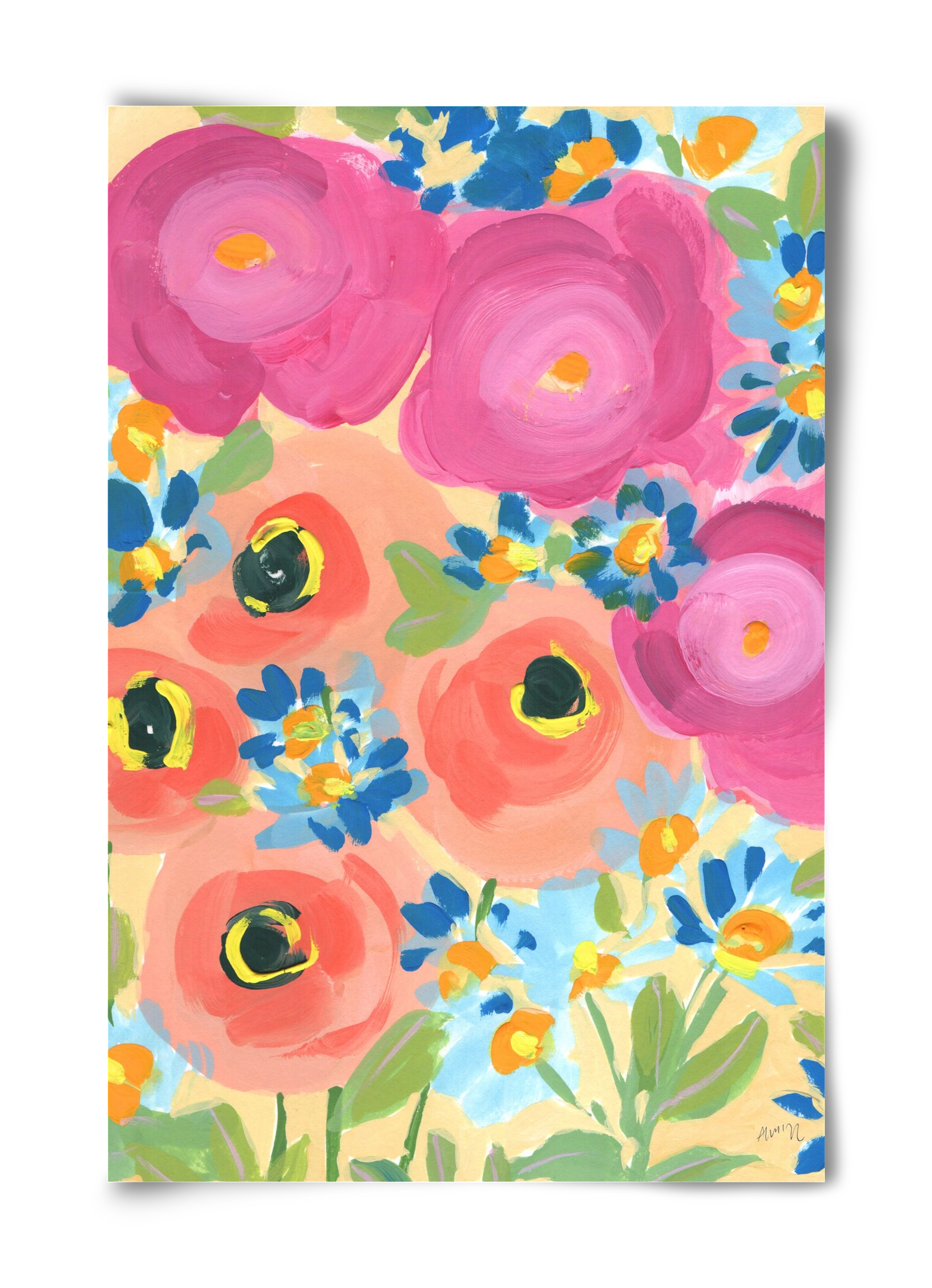 Pink Roses With Coral Anemones, 40x60 cm, Keret nélkül