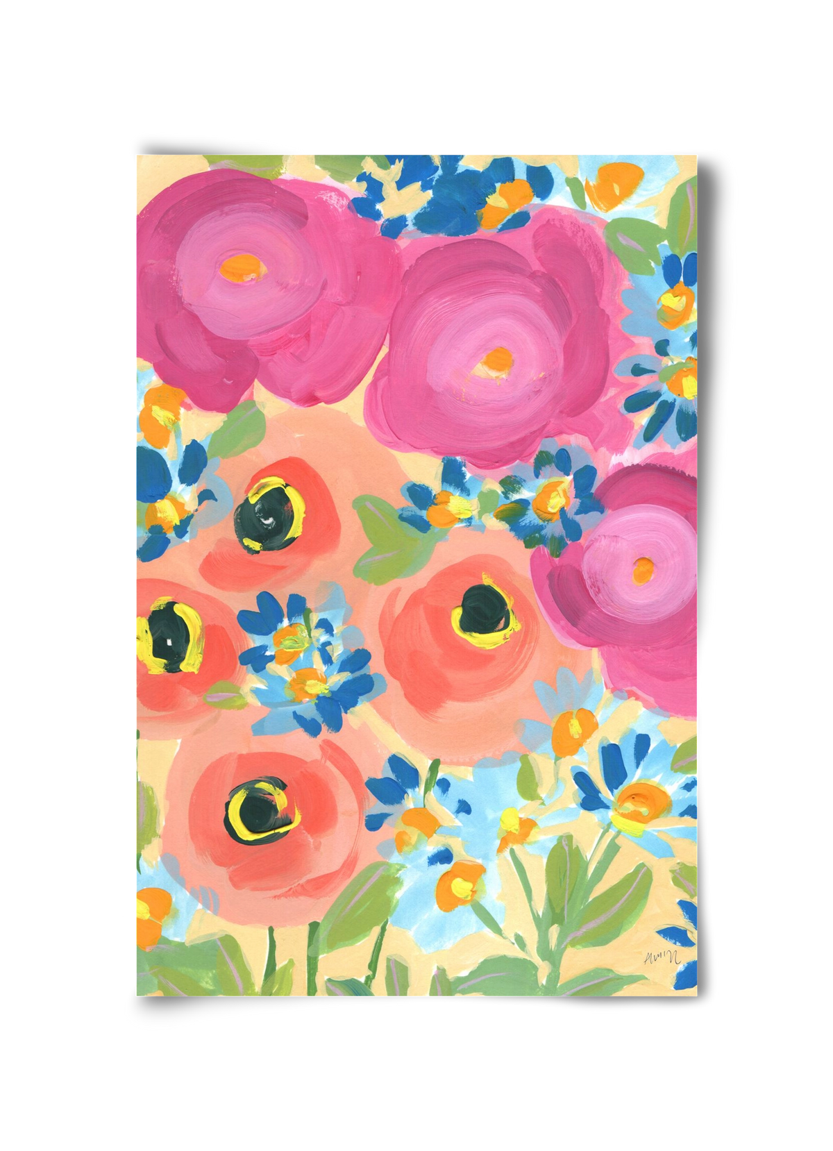 Pink Roses With Coral Anemones, 30x45 cm, Keret nélkül