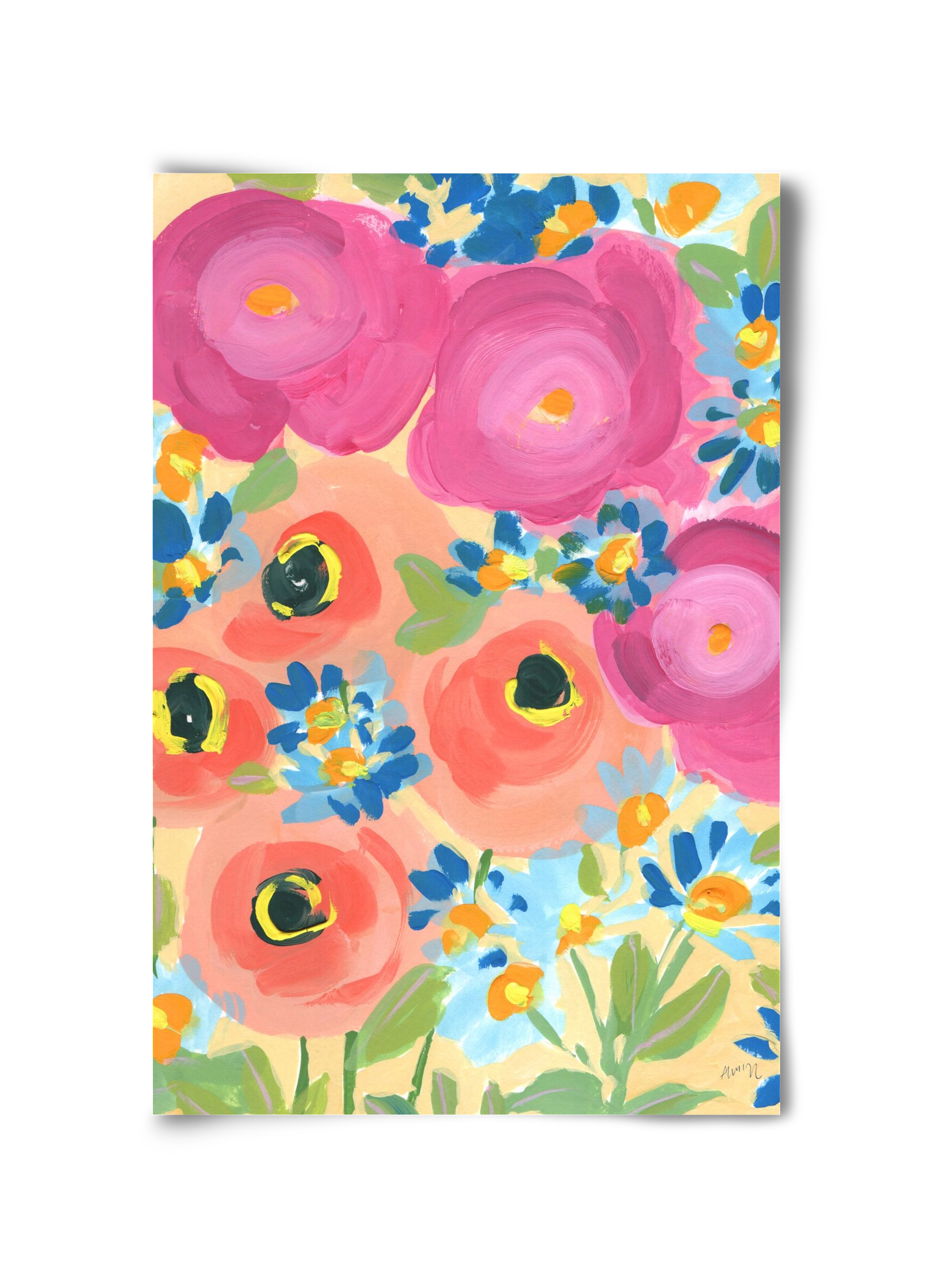 Pink Roses With Coral Anemones, 30x45 cm, Keret nélkül