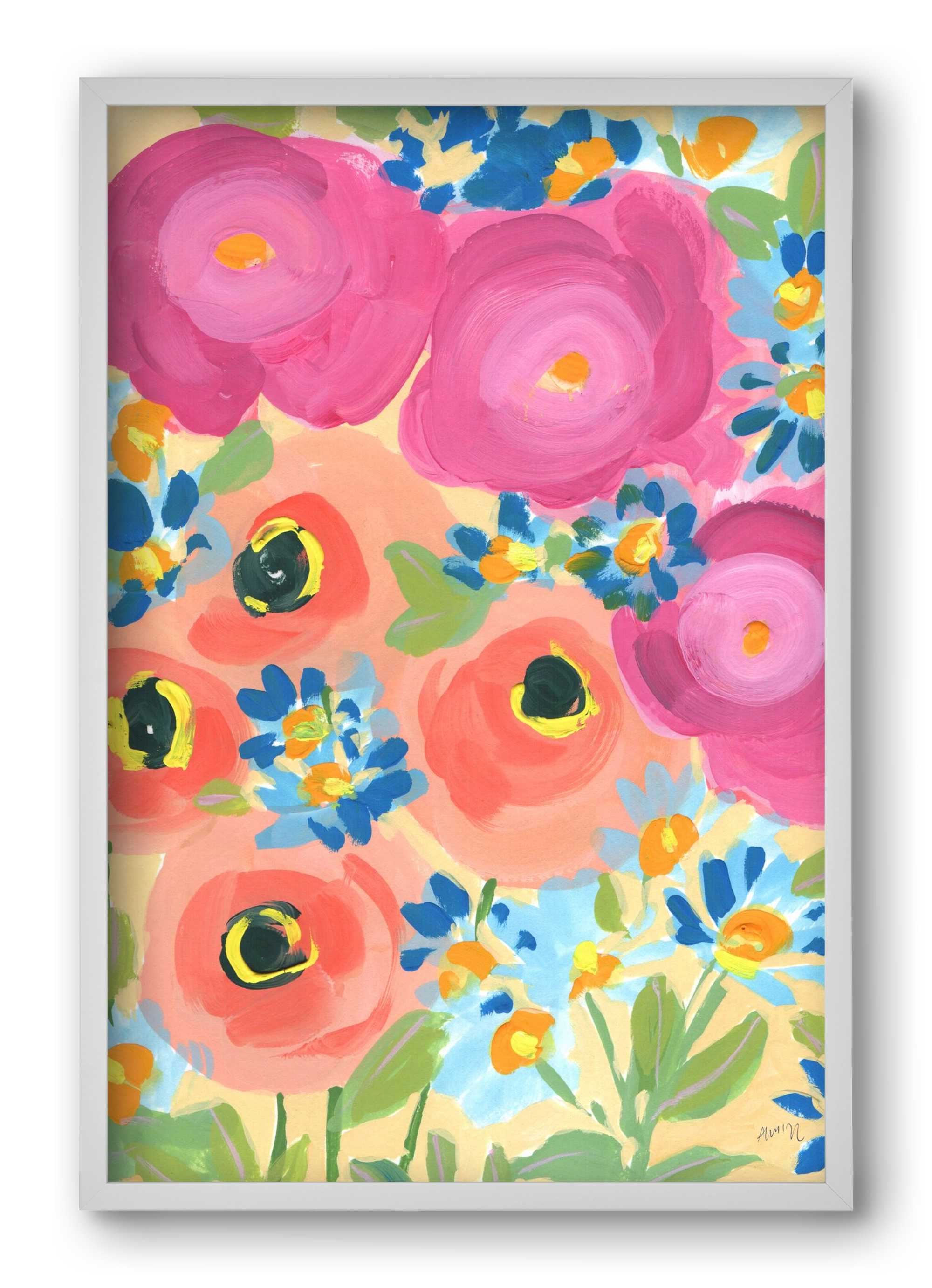 Pink Roses With Coral Anemones, 40x60 cm (40x60 cm), Fehér keret