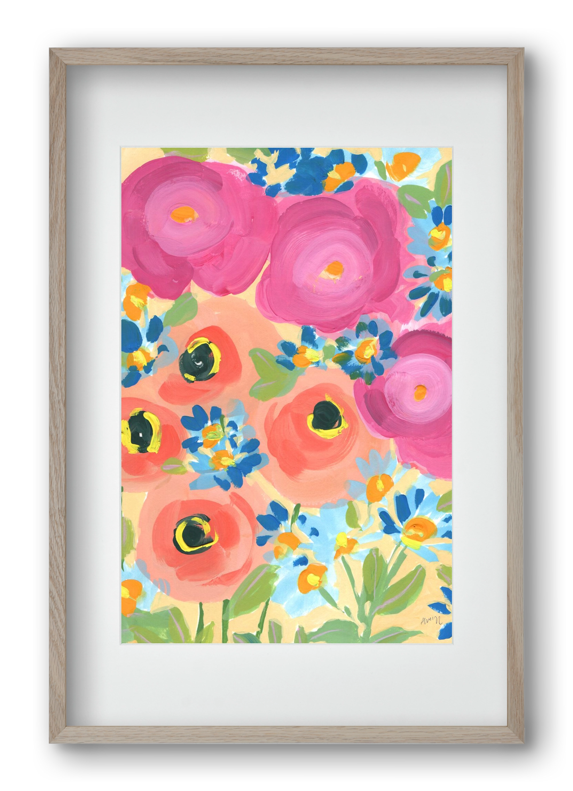 Pink Roses With Coral Anemones, 40x60 cm (30x45 cm), Tölgy keret, paszpartuval